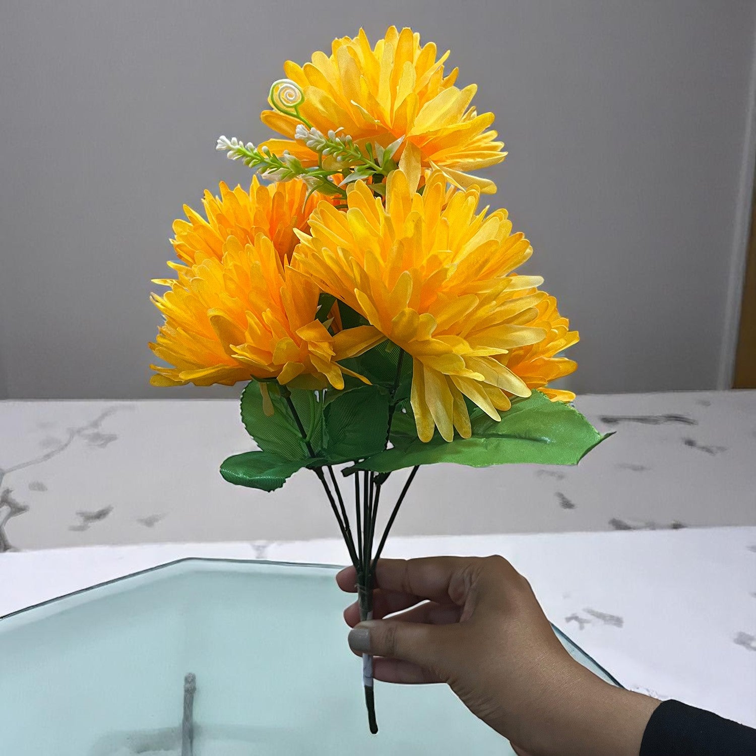 Artificial Flowers Dahlia Bunches for Vase Pot | Faux Flowers Stick - for Home Decor, Living Room, Wedding & Party Decoration (Vase Not Included) - 15 Inch - Apkamart #Colour_Orange