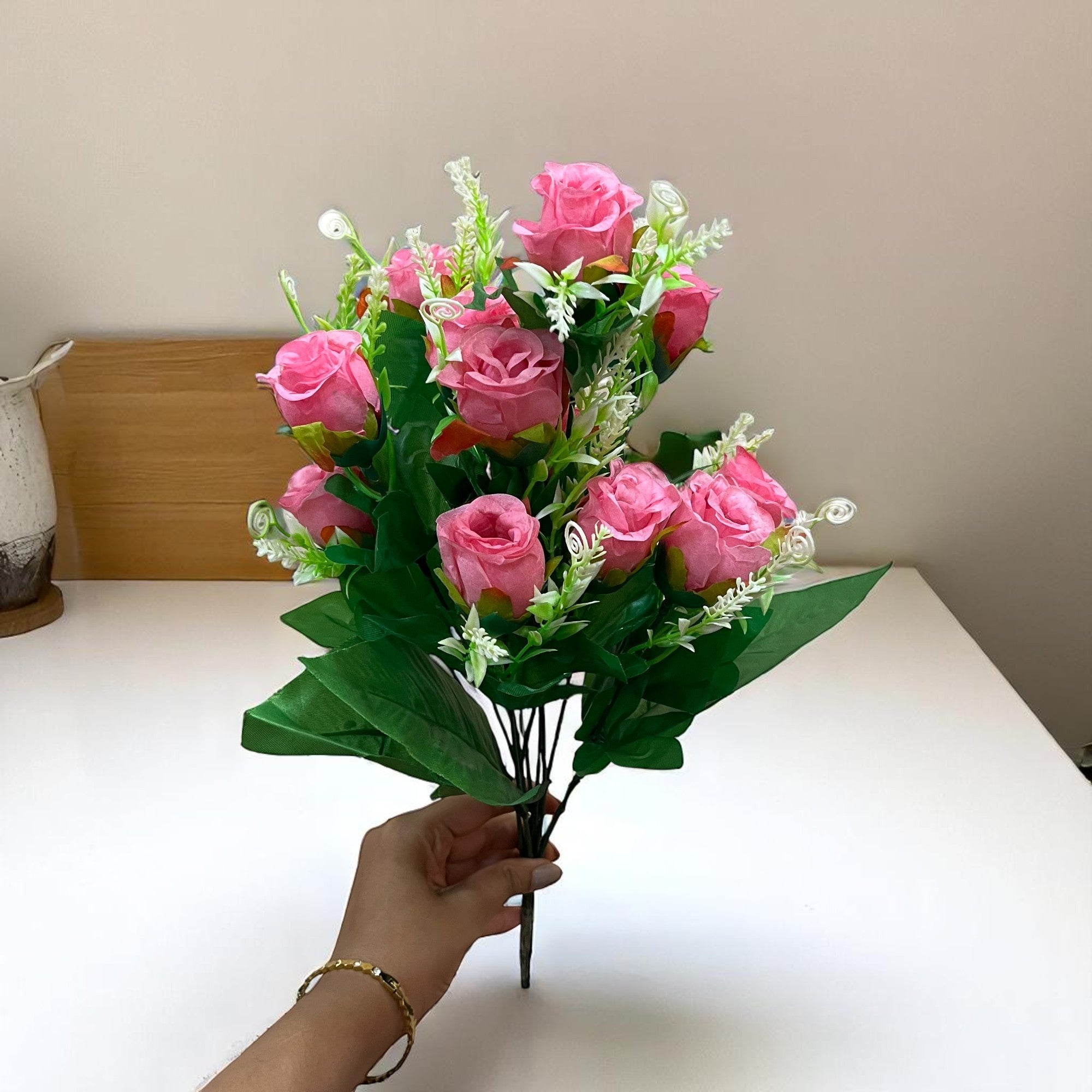 Artificial Flowers Rose | Faux Flowers Bunch - for Home Decor, Side Table, Centerpiece - 17 Inch - Apkamart #Colour_Pink