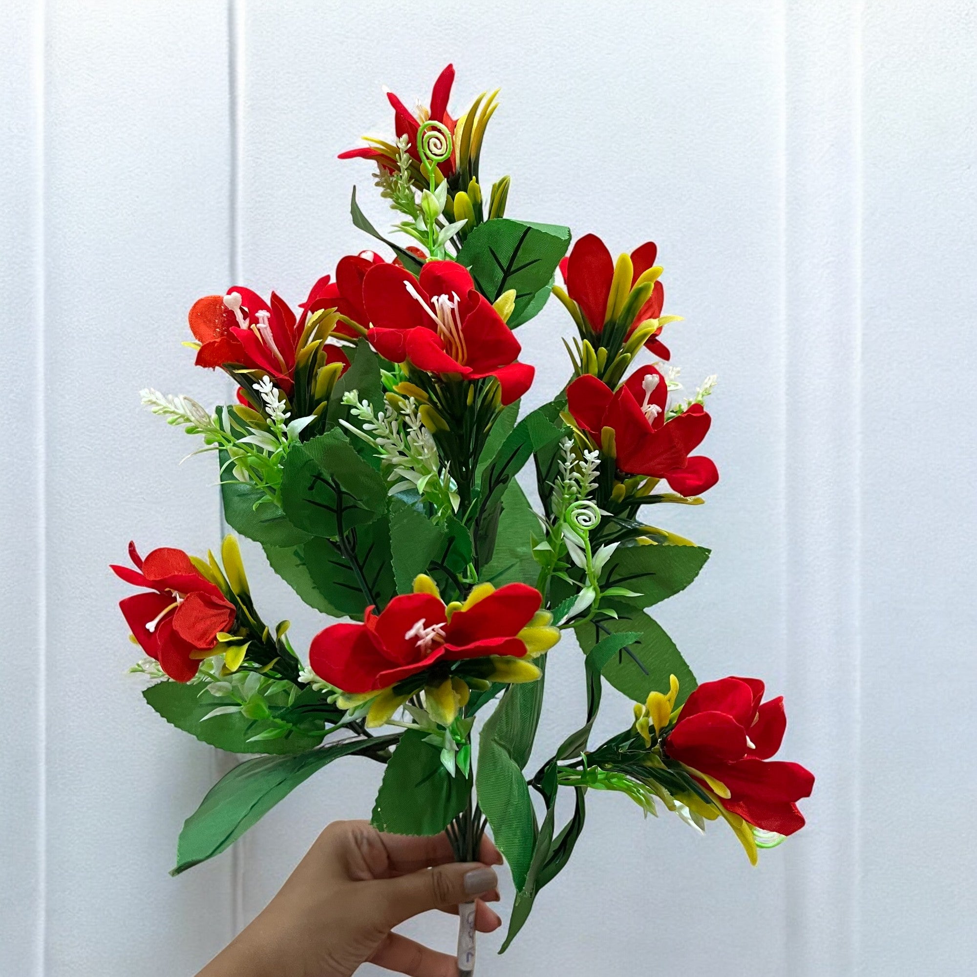 Artificial Flowers Bunches lily for Vase Pot | Faux Flowers Stem - for Home Decor Living Room Side Table Centerpiece - 18 Inch - Apkamart #Colour_Red