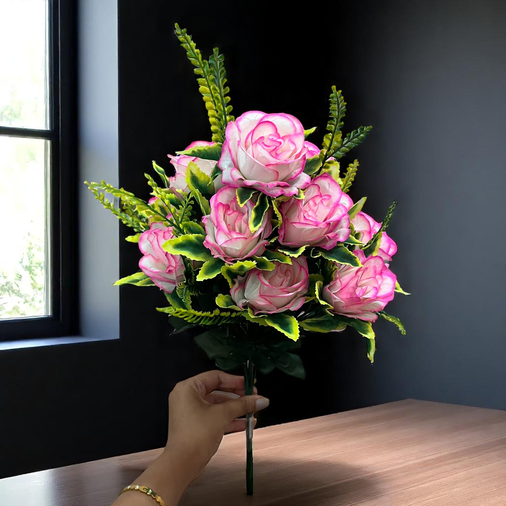 Artificial Flower Bouquet | Rose Fake Flowers Bunch - For Vase, Pot, Home, Bedroom, Balcony, Office Corner, Living Room - 16 Inch - Apkamart #Style_Design 1