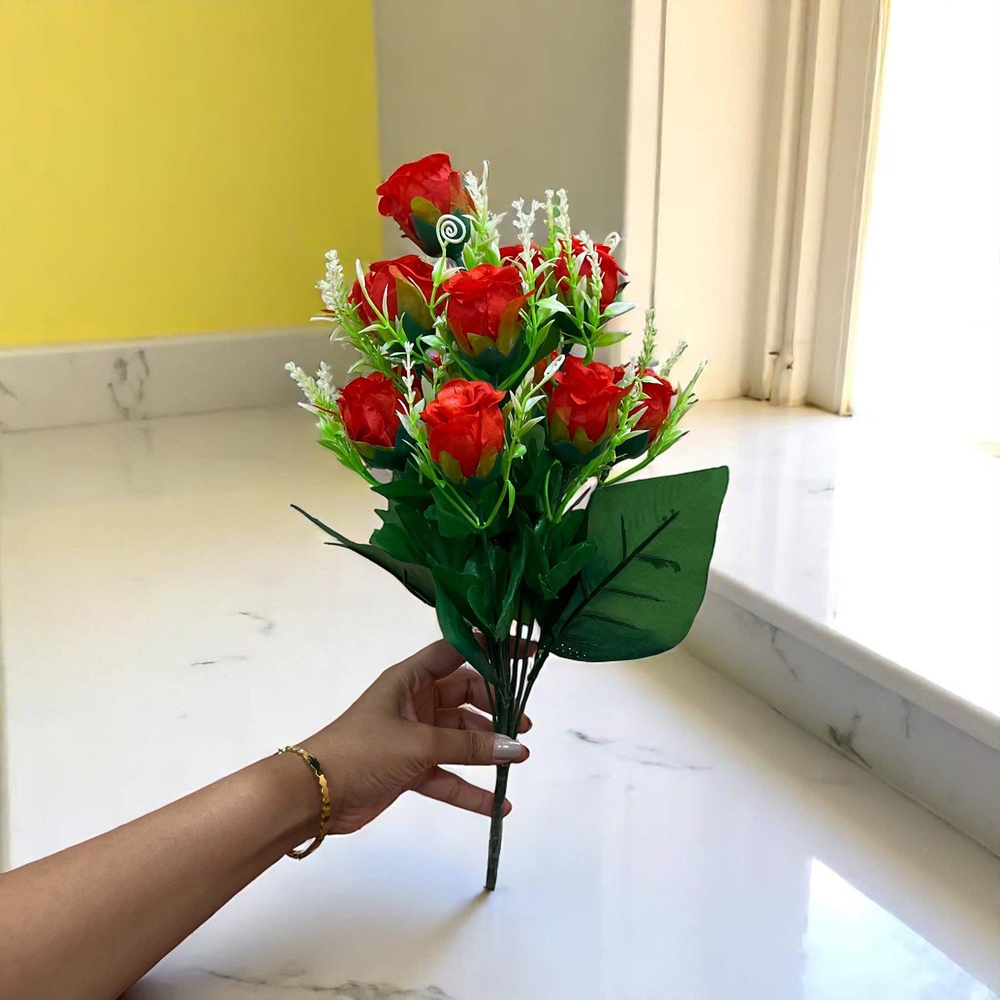 Artificial Flowers Rose | Faux Flowers Bunch - for Home Decor, Side Table, Centerpiece - 17 Inch - Apkamart #Colour_Red