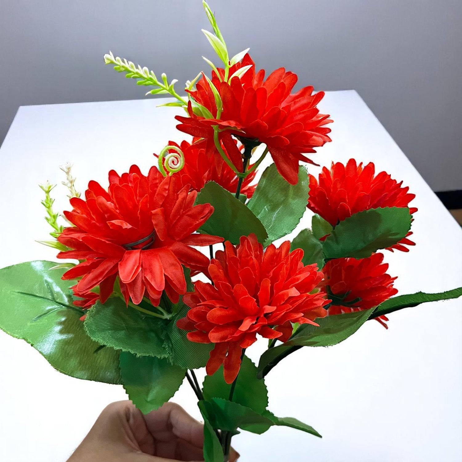 Artificial Flowers Dahlia Bunches for Vase Pot | Faux Flowers Stick - for Home Decor, Living Room, Wedding & Party Decoration (Vase Not Included) - 14 Inch - Apkamart #Colour_Red