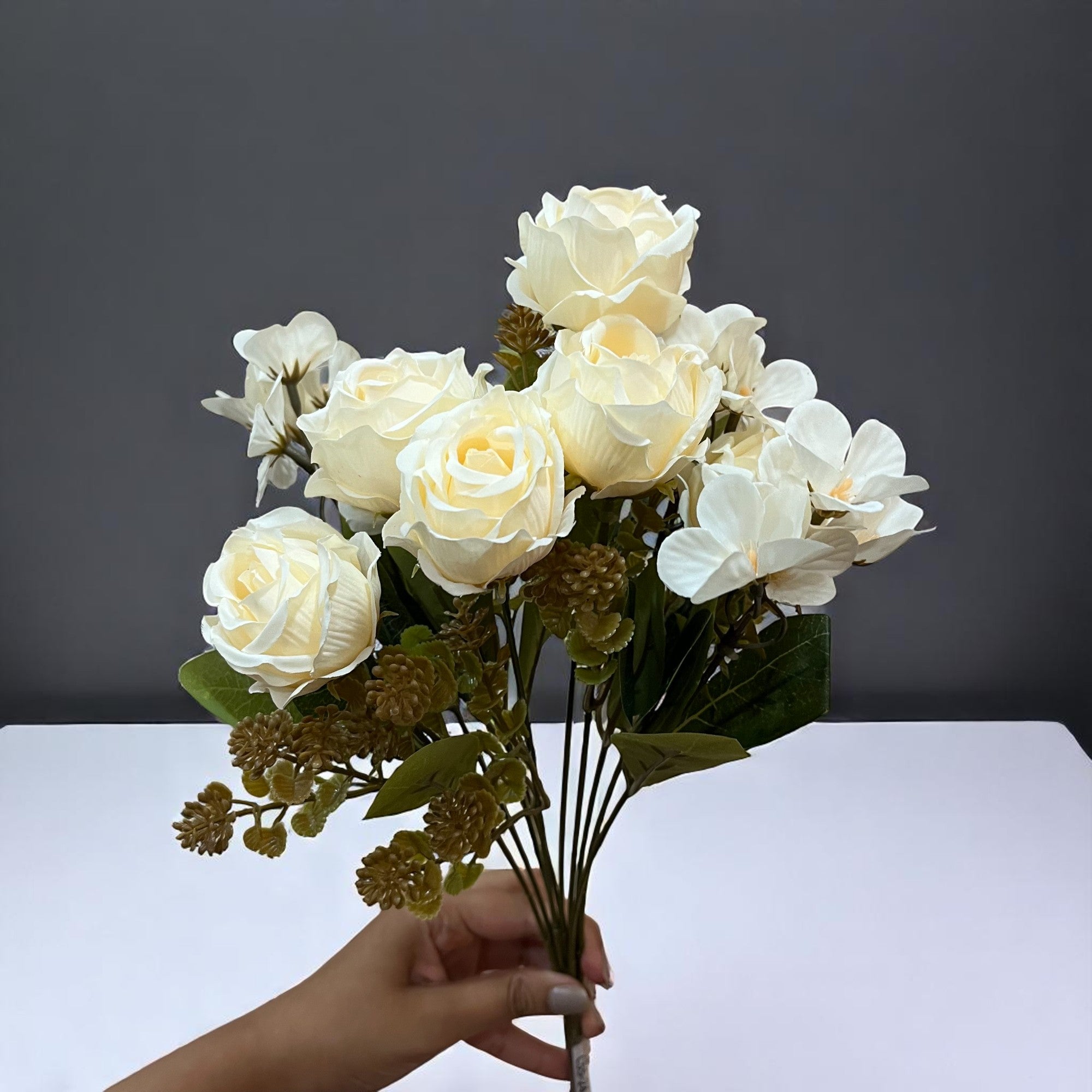 Artificial Flowers | Faux Flowers Rose Bunch - for Home Decor, Living Room, Office, Centerpiece - 15 Inch - Apkamart #Colour_White