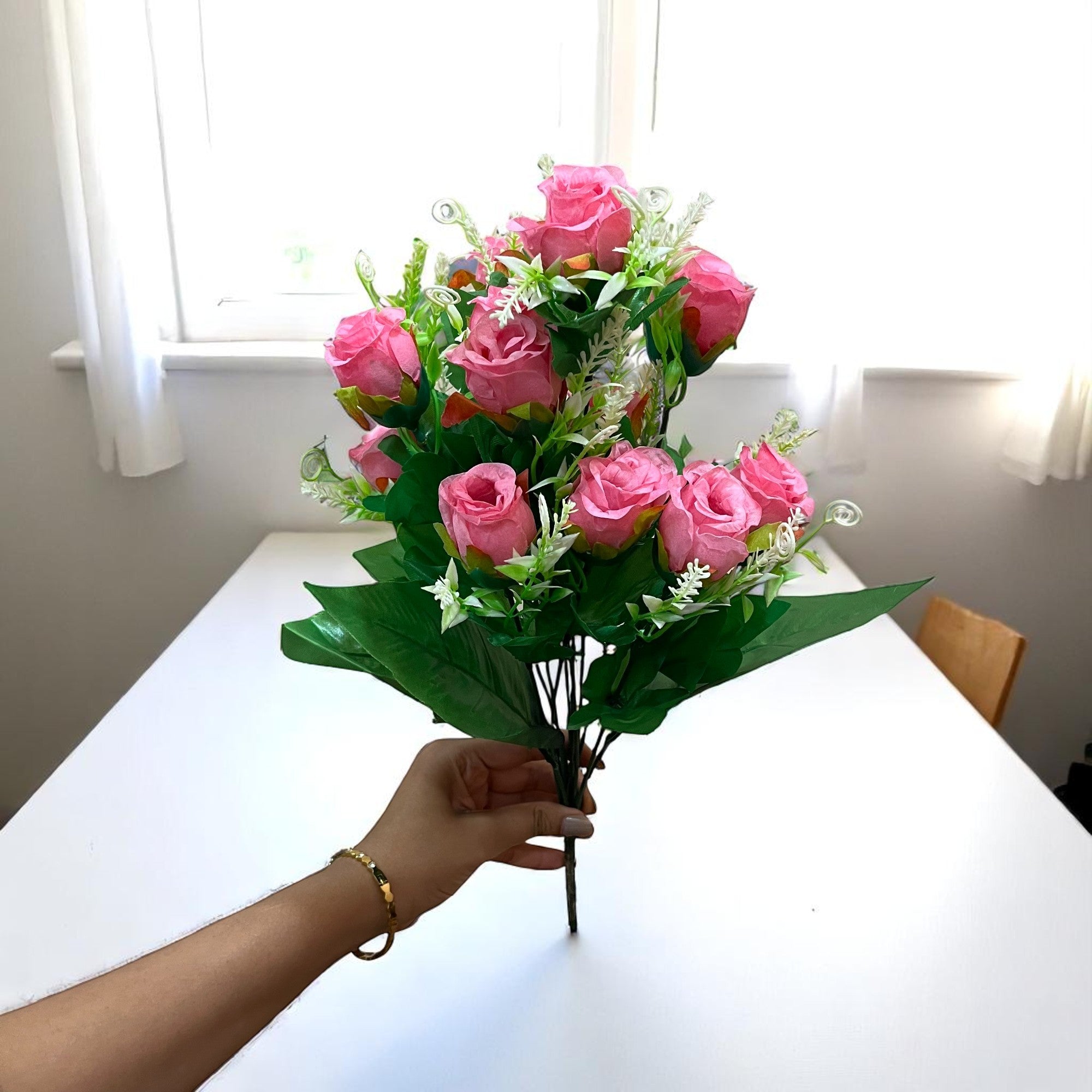 Artificial Flowers Rose | Faux Flowers Bunch - for Home Decor, Side Table, Centerpiece - 17 Inch - Apkamart #Colour_Pink