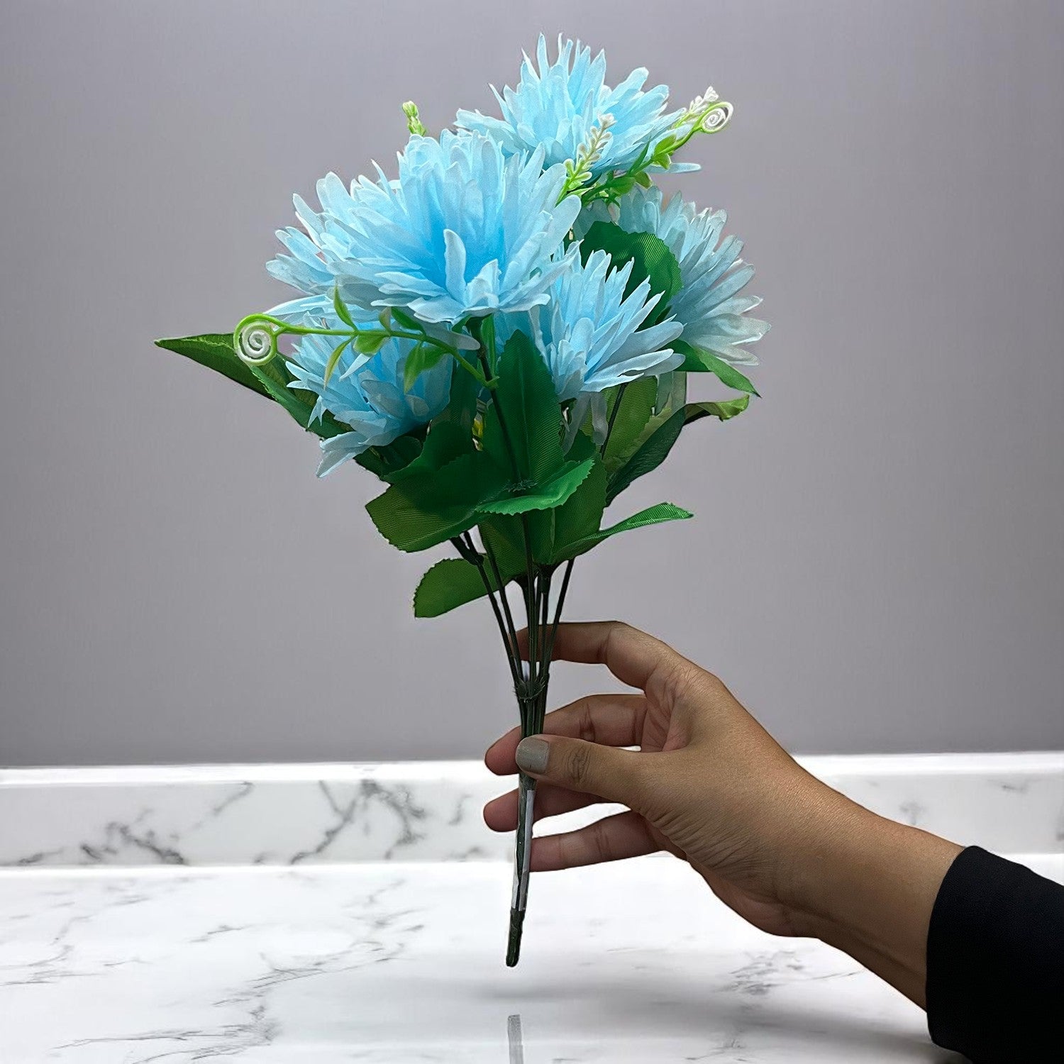 Artificial Flowers Dahlia Bunches for Vase Pot | Faux Flowers Stick - for Home Decor, Living Room, Wedding & Party Decoration (Vase Not Included) - 15 Inch - Apkamart #Colour_Blue