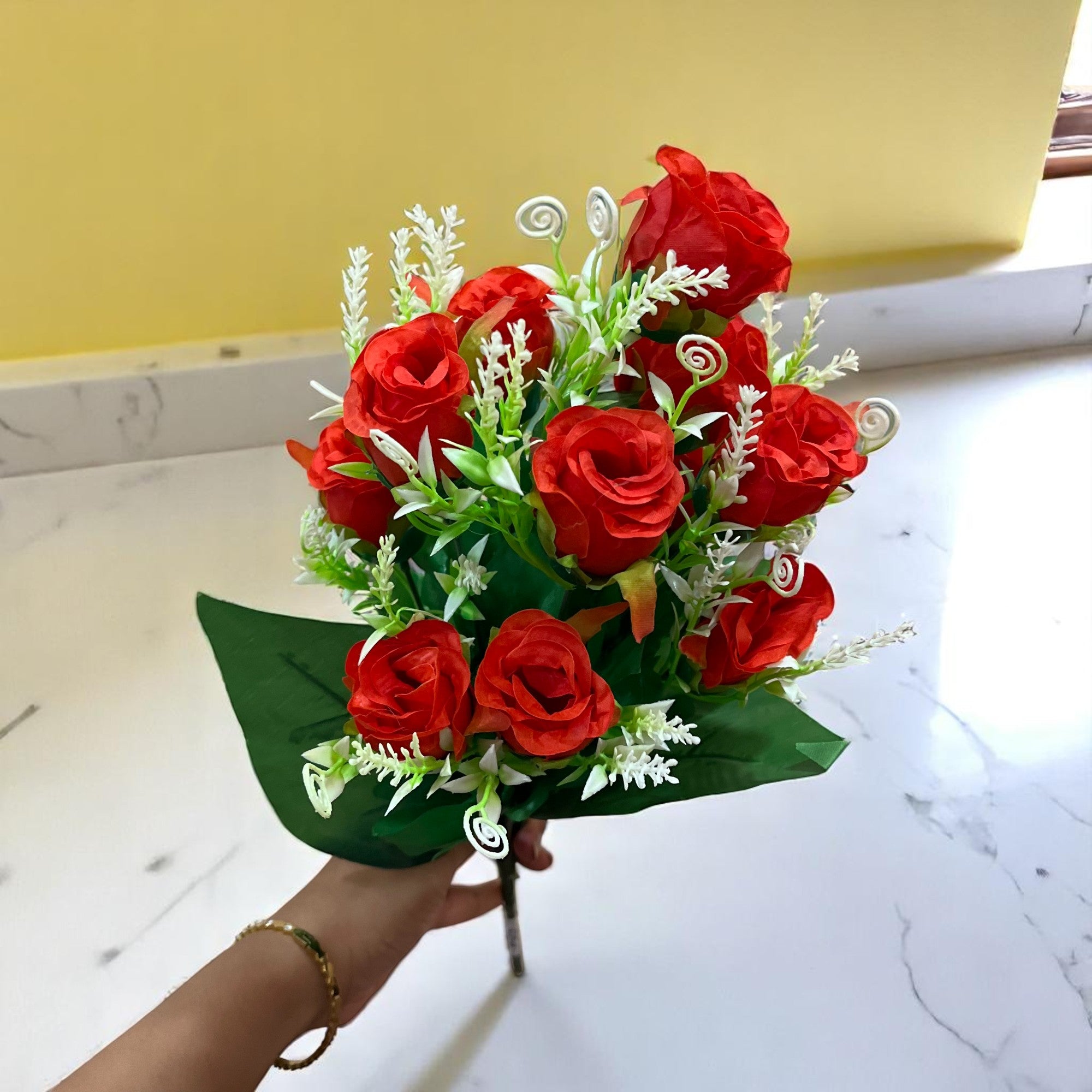 Artificial Flowers Rose | Faux Flowers Bunch - for Home Decor, Side Table, Centerpiece - 17 Inch - Apkamart #Colour_Red