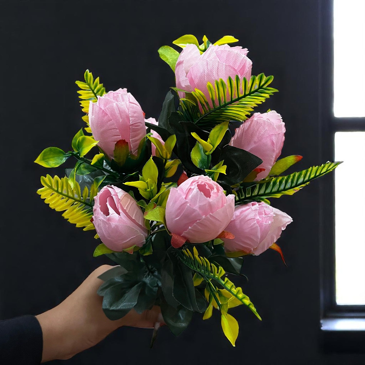 Artificial Flowers Rose Bunches for Vase Pot | Faux Flowers Stem - for Home Decor, Living Room, Office, Wedding & Party Decoration (Vase Not Included) - 14 Inch - Apkamart #Colour_Pink