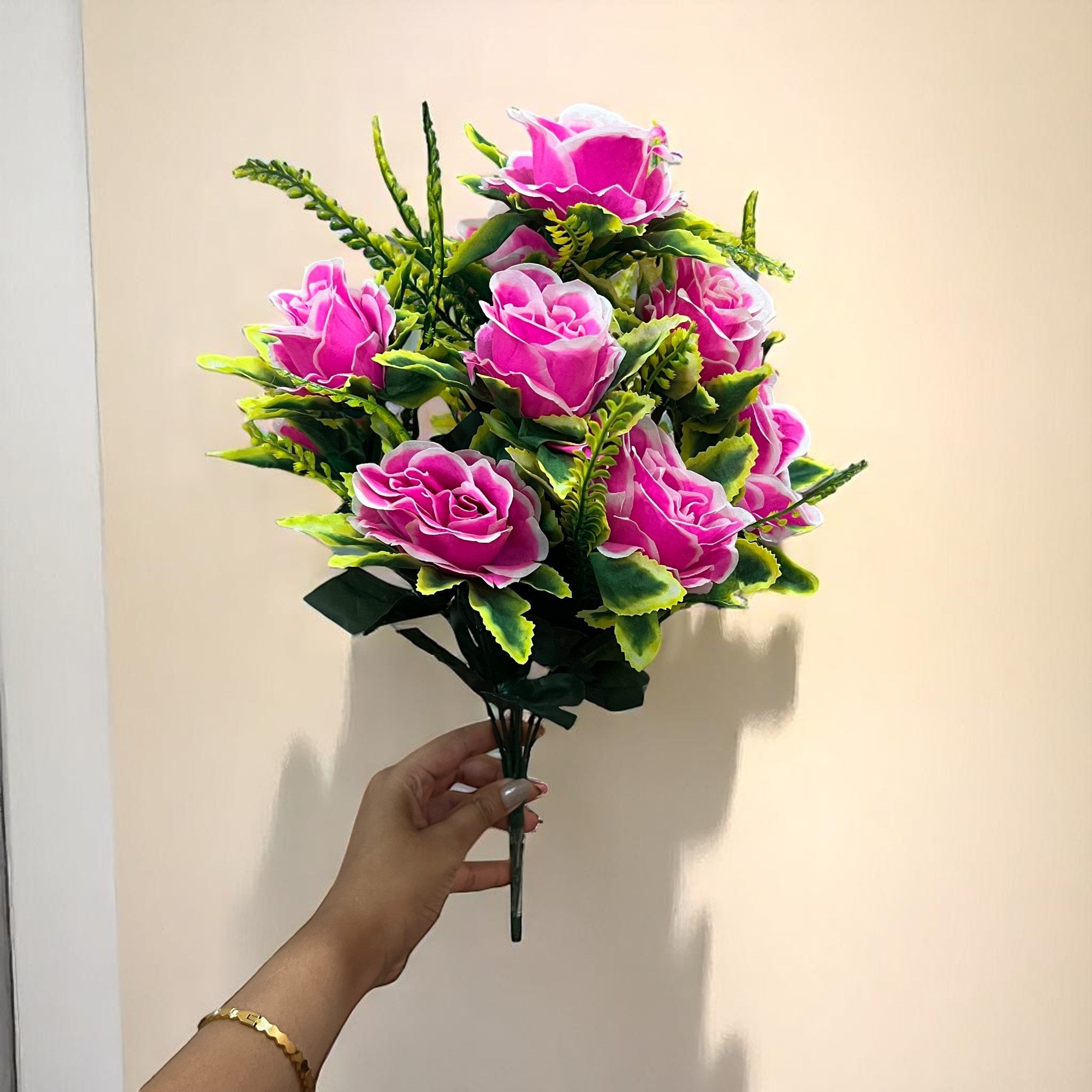 Artificial Flower Bouquet | Faux Rose Flowers Bunch - for Table Vase, Pot, Home Decor, Side Table - 16 Inch - Apkamart #Colour_Pink