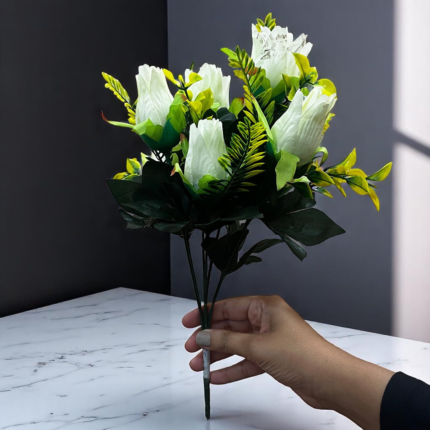 Artificial Flowers Rose Bunches for Vase Pot | Faux Flowers Stem - for Home Decor, Living Room, Office, Wedding & Party Decoration (Vase Not Included) - 14 Inch - Apkamart #Colour_White