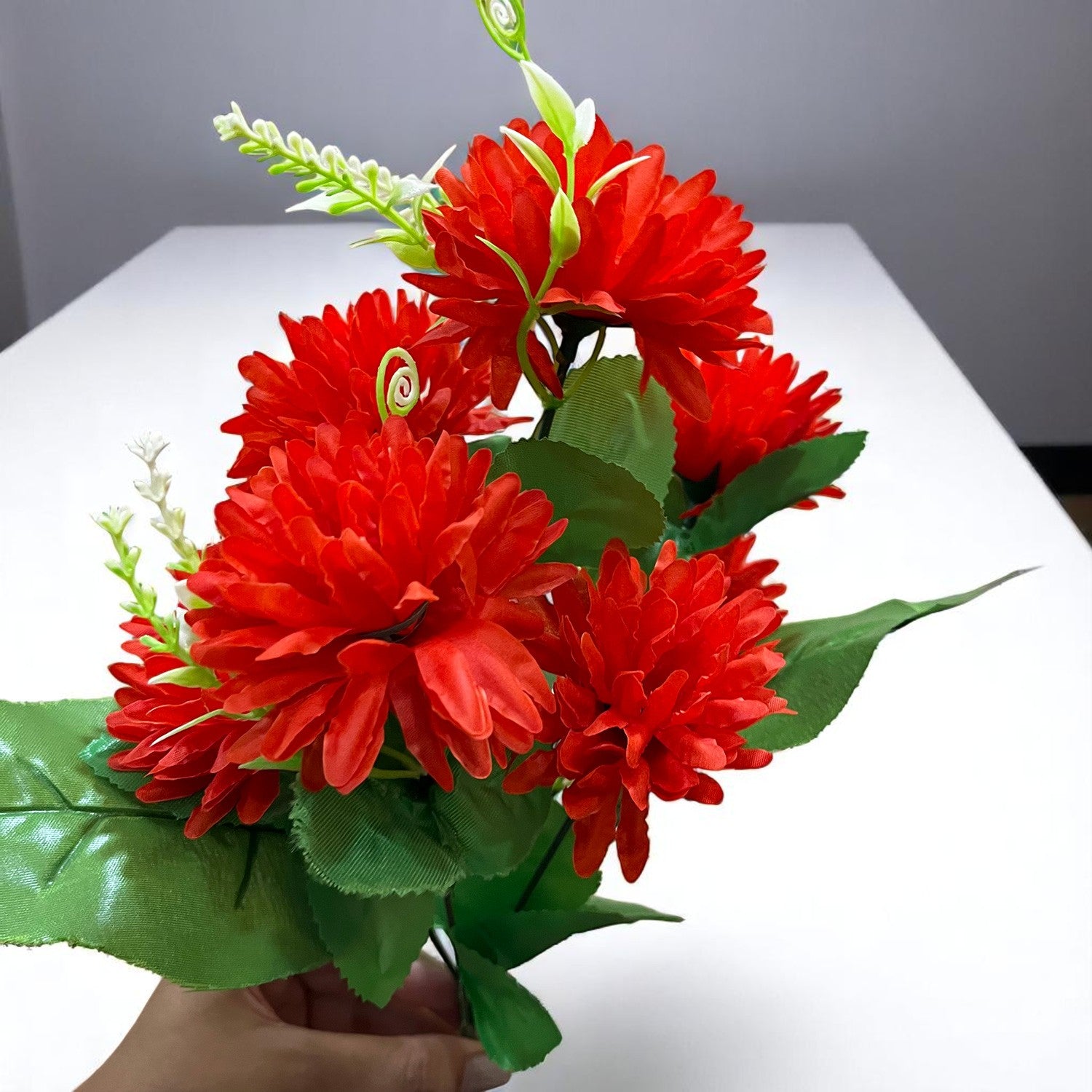 Artificial Flowers Dahlia Bunches for Vase Pot | Faux Flowers Stick - for Home Decor, Living Room, Wedding & Party Decoration (Vase Not Included) - 14 Inch - Apkamart #Colour_Red
