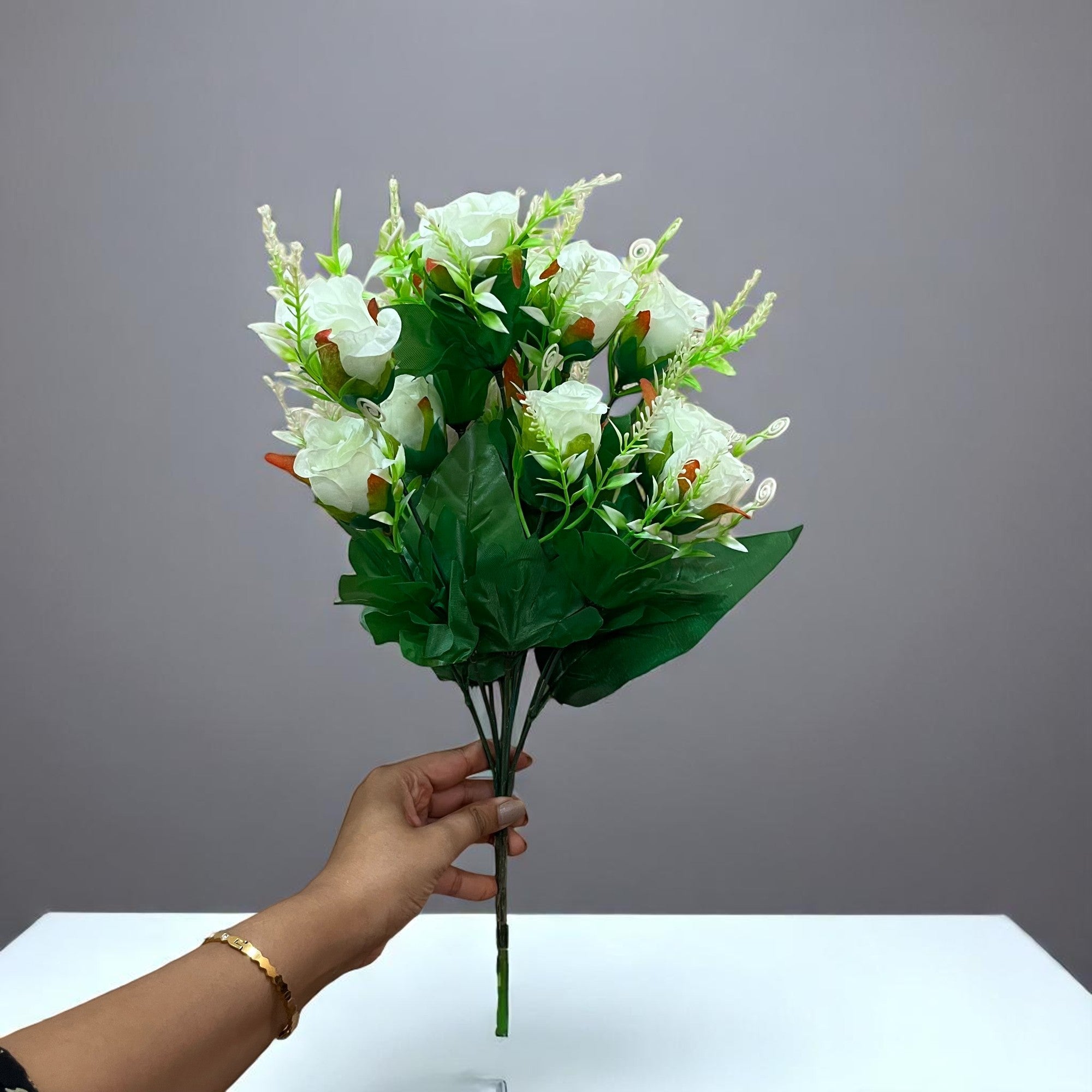 Artificial Flowers Rose | Faux Flowers Bunch - for Home Decor, Side Table, Centerpiece - 17 Inch - Apkamart #Colour_White