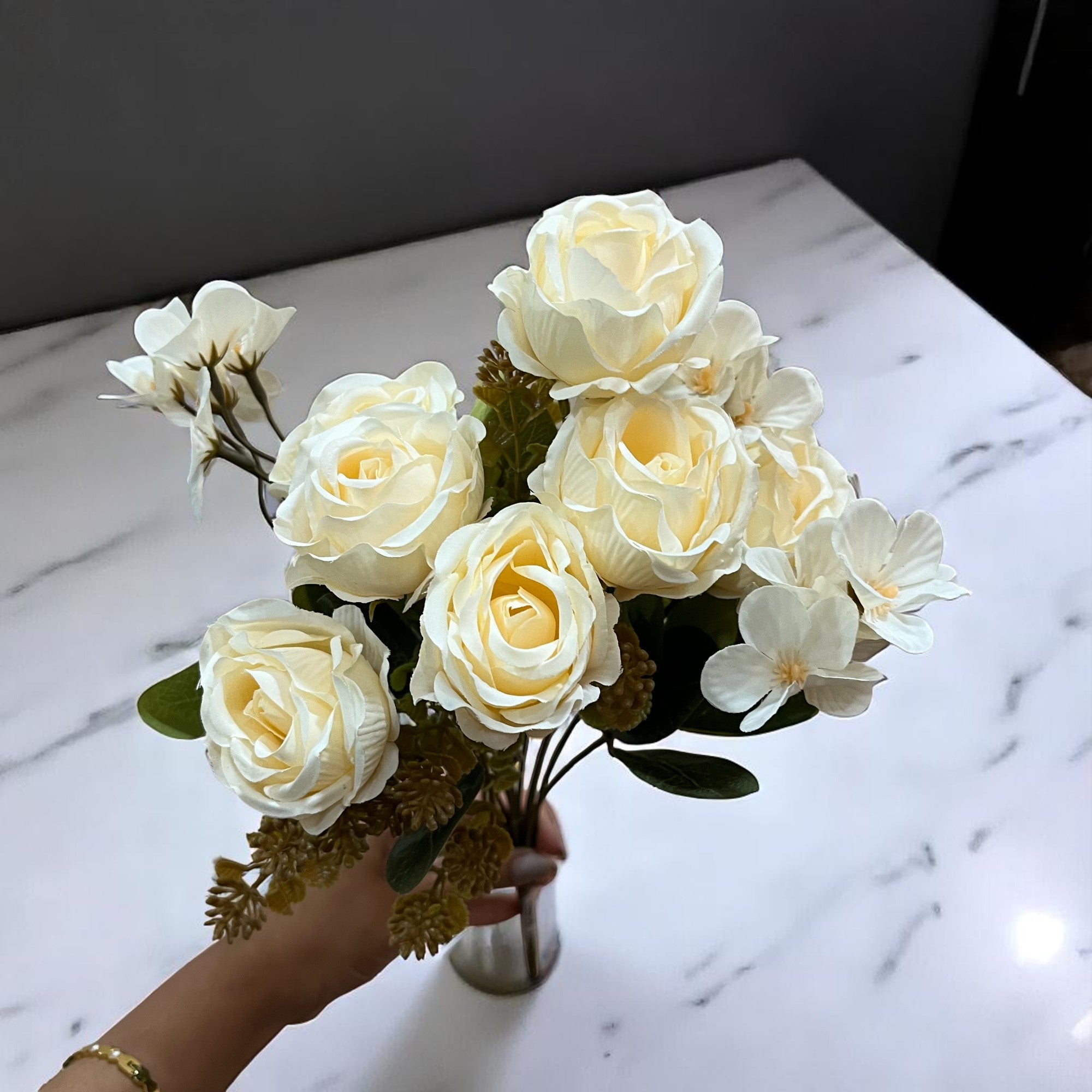 Artificial Flowers | Faux Flowers Rose Bunch - for Home Decor, Living Room, Office, Centerpiece - 15 Inch - Apkamart #Colour_White