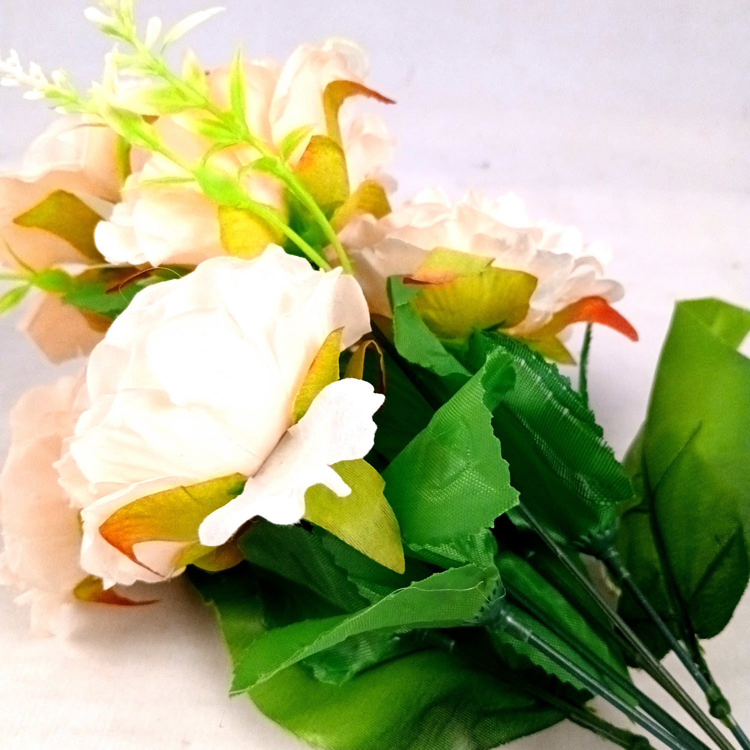 Artificial Flowers Rose Bunches for Vase Pot | Faux Flowers Stem - for Home Decor, Living Room, Wedding & Party Decoration (Vase Not Included) - 15 Inch - Apkamart #Colour_Off White