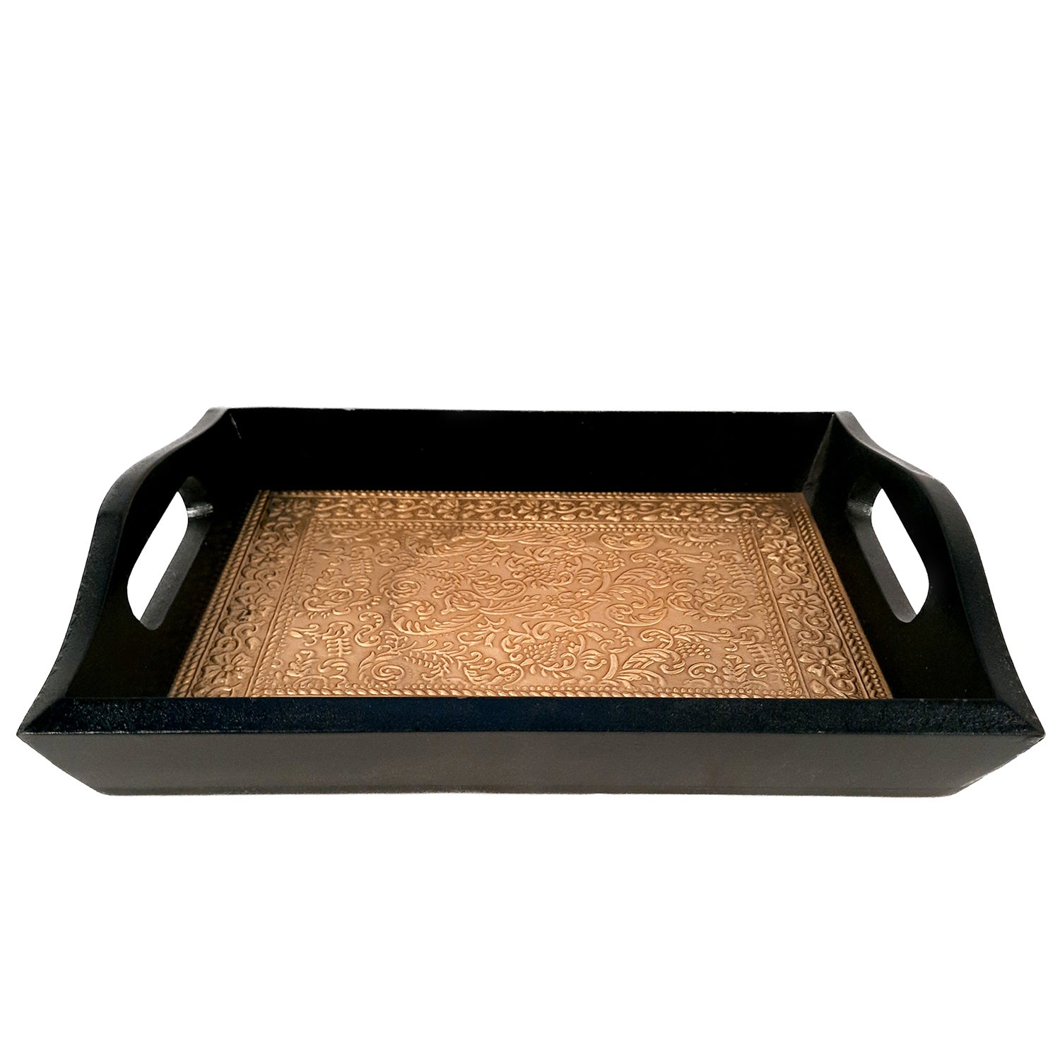 Serving Tray Brass | Wooden Tea & Snacks Serving Platter Wooden | Big Tray With Handles - for Home, Dining Table, Kitchen Decor, Restaurants, Office, Cafe & Gifts - 16 Inch - apkamart