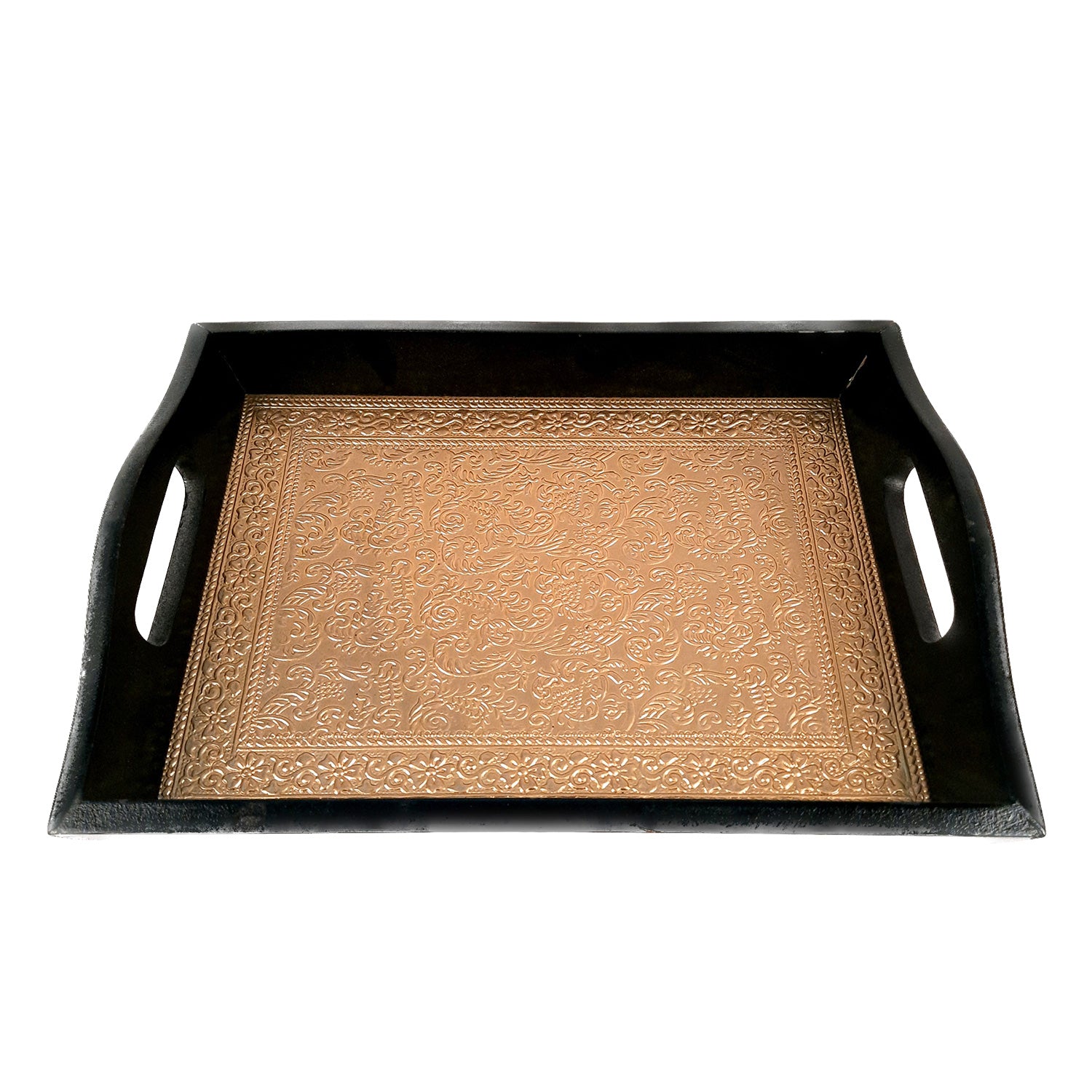 Serving Tray Brass | Wooden Tea & Snacks Serving Platter Wooden | Big Tray With Handles - for Home, Dining Table, Kitchen Decor, Restaurants, Office, Cafe & Gifts - 16 Inch - apkamart