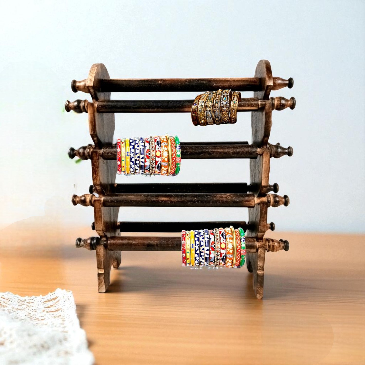 Wooden Bangle Stand | Bangle & Bracelet Organizer - 8 Rod - 15 Inch - Apkamart