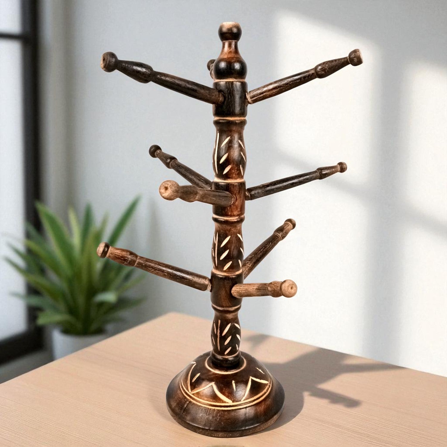 Wooden Bangle Holder 9 Tier Bar | Jewellery & Choori Stand Hanger - Tree Design - for Women / Girls, Bracelet, Jewelry Display Organizer - 15 Inch - Apkamart