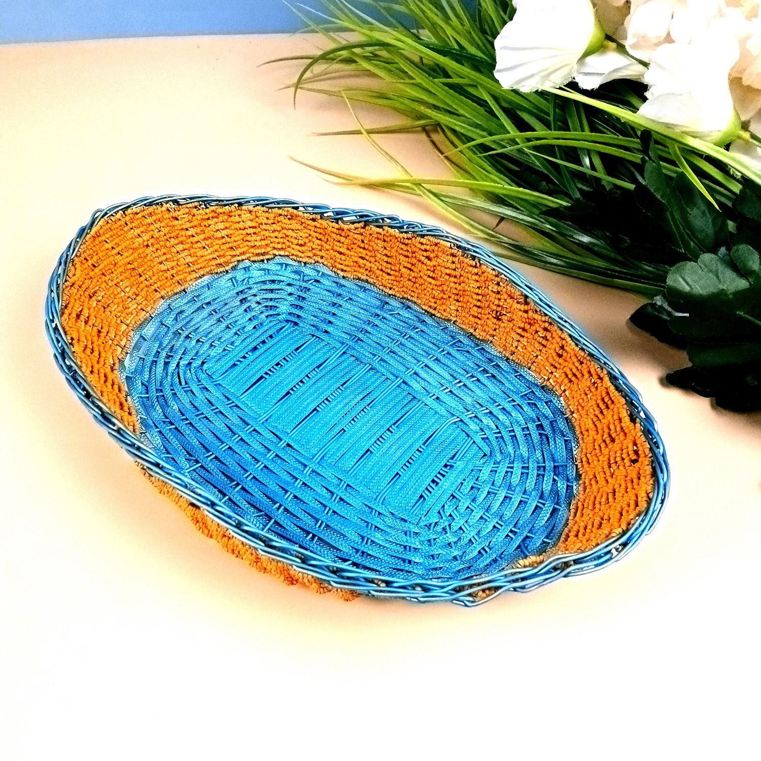 Basket With Beads & Wovan Design | Multipurpose Storage Basket - for Fruits, Makeup, Stationary, Gifts Packing - 12 Inch - Apkamart