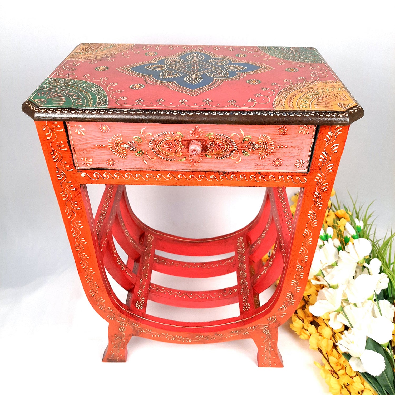 Wooden Bedside Table With Drawer | End Side Table | Coffee Tables - for Living Room, Bedside, Sofa Side, Corners, Home Decor & Gifts - 24 Inch - Apkamart #color_Red