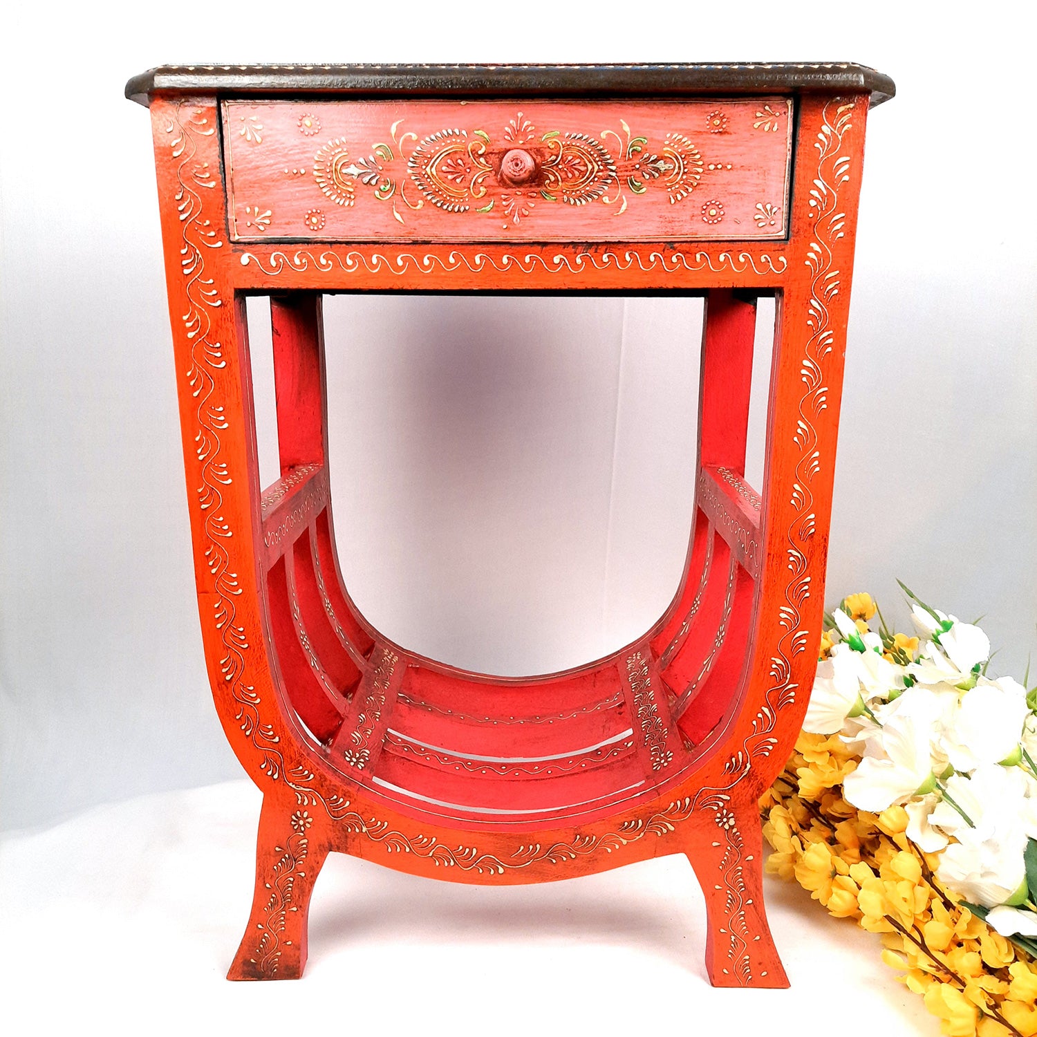 Wooden Bedside Table With Drawer | End Side Table | Coffee Tables - for Living Room, Bedside, Sofa Side, Corners, Home Decor & Gifts - 24 Inch - Apkamart #color_Red