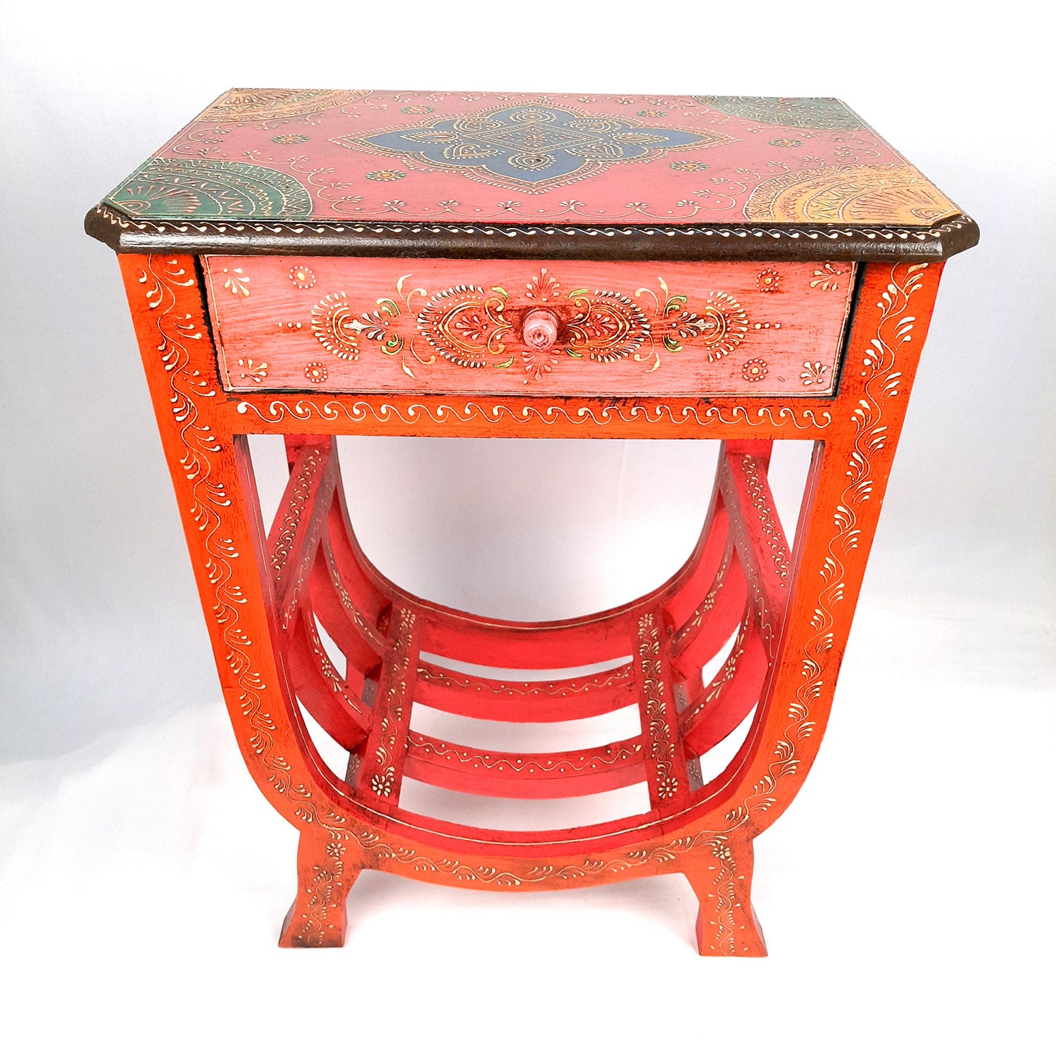 Wooden Bedside Table With Drawer | End Side Table | Coffee Tables - for Living Room, Bedside, Sofa Side, Corners, Home Decor & Gifts - 24 Inch - Apkamart #color_Red