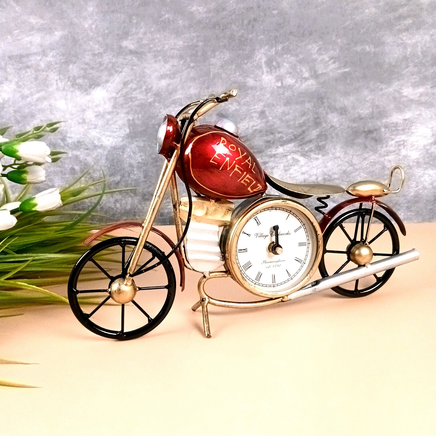 Bike Showpiece With Table Clock | Vintage Motor Cycle Bike Miniature With Desk Watch - for Home, Living Room, Desk, Office Decor & Gifts - 12 Inch - Apkamart