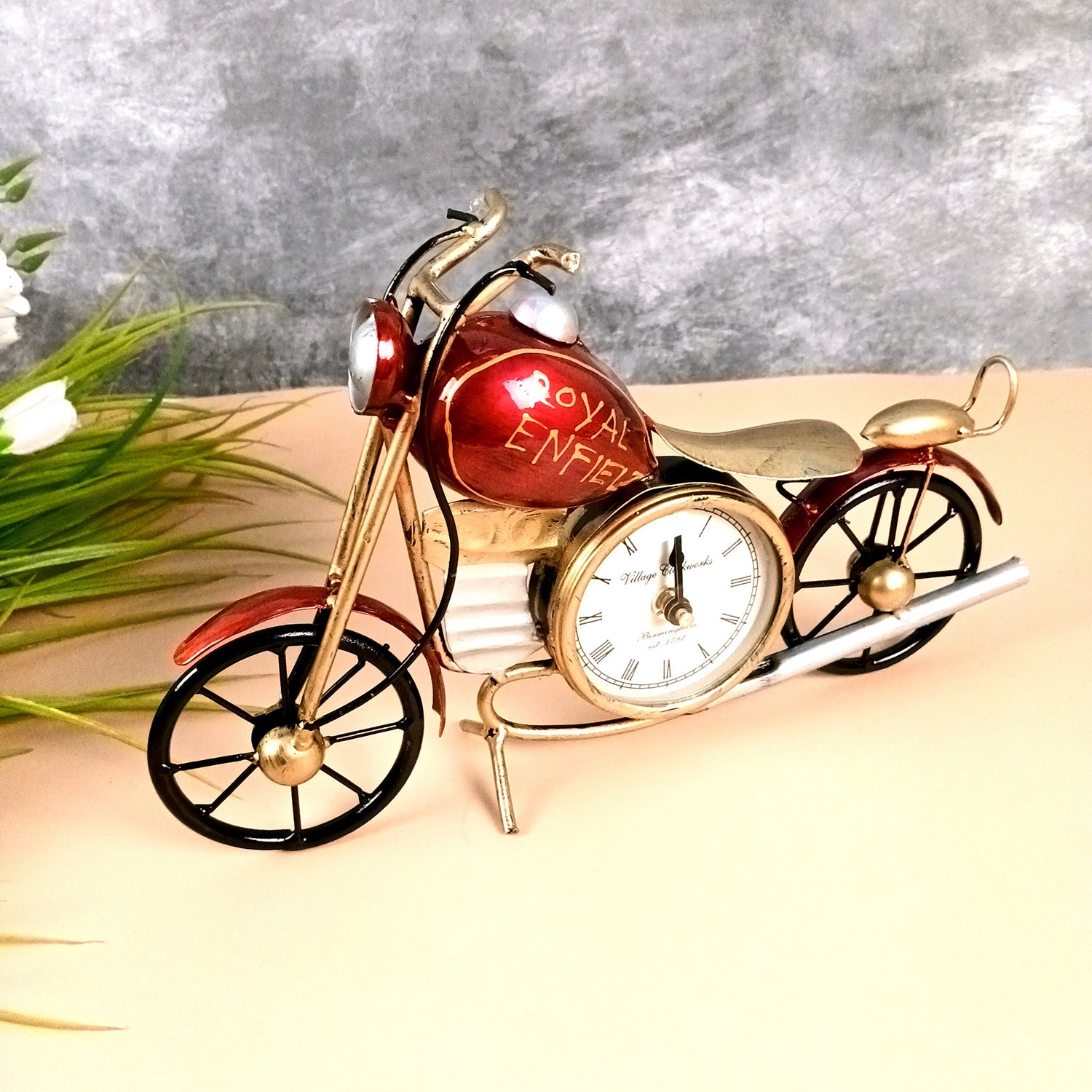 Bike Showpiece With Table Clock | Vintage Motor Cycle Bike Miniature With Desk Watch - for Home, Living Room, Desk, Office Decor & Gifts - 12 Inch - Apkamart