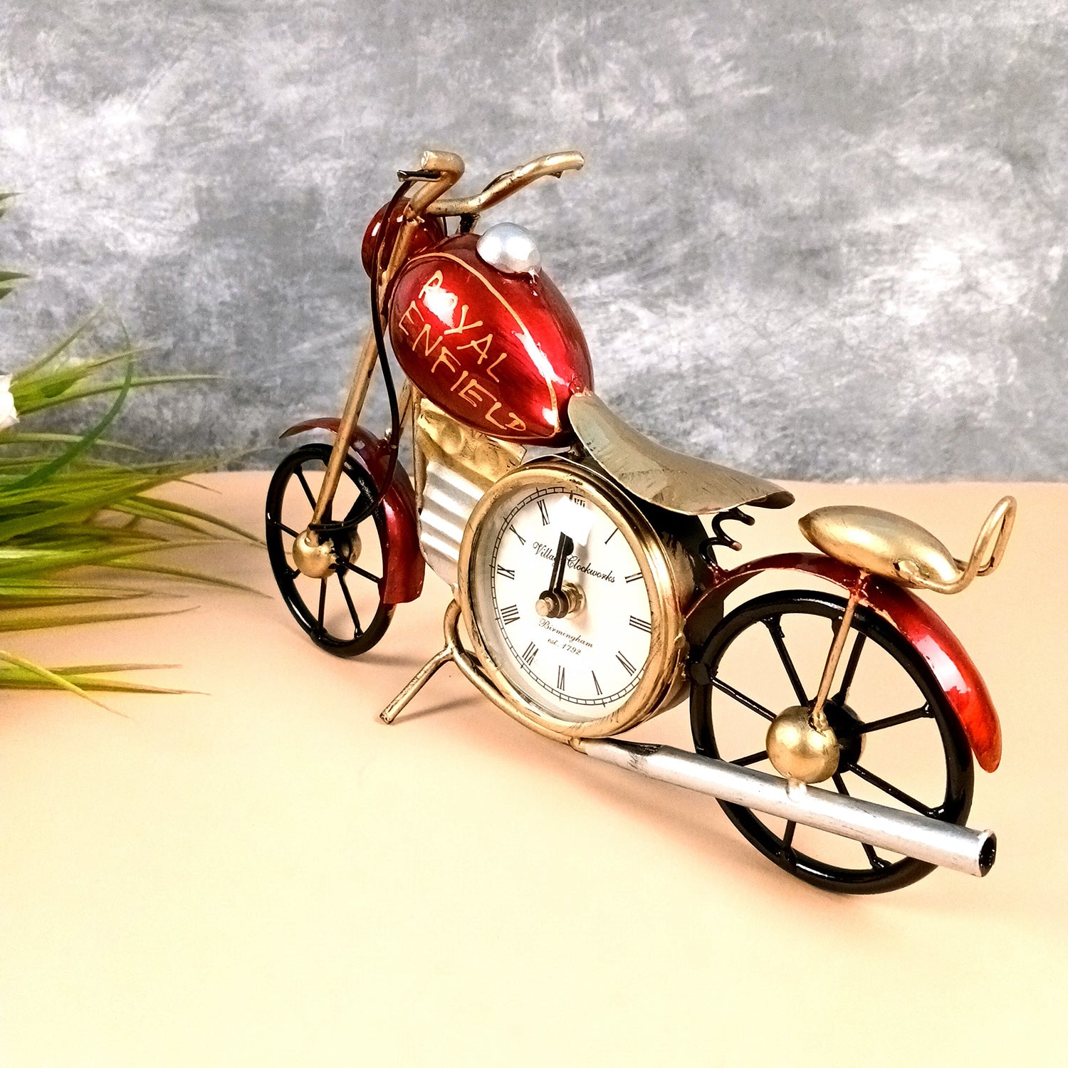 Bike Showpiece With Table Clock | Vintage Motor Cycle Bike Miniature With Desk Watch - for Home, Living Room, Desk, Office Decor & Gifts - 12 Inch - Apkamart