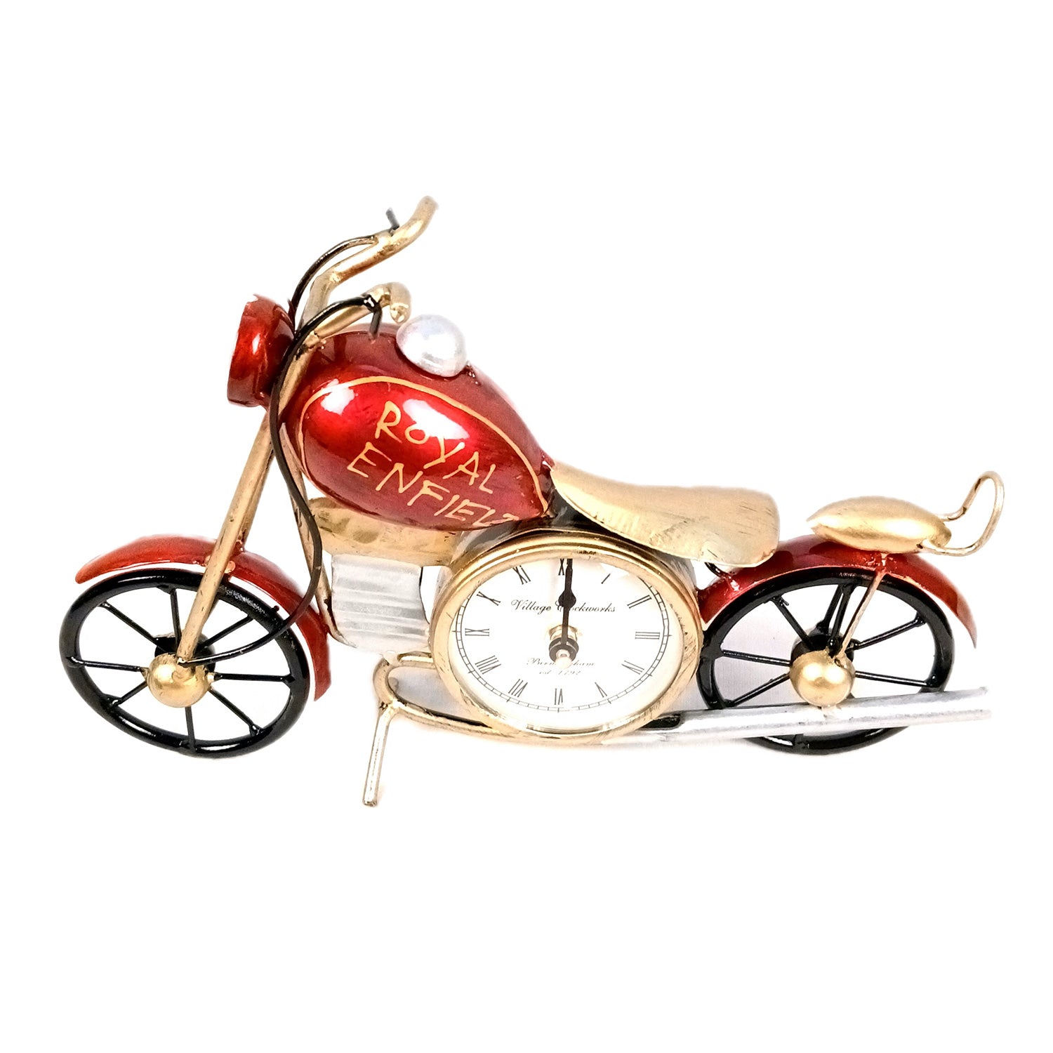 Bike Showpiece With Table Clock | Vintage Motor Cycle Bike Miniature With Desk Watch - for Home, Living Room, Desk, Office Decor & Gifts - 12 Inch - Apkamart