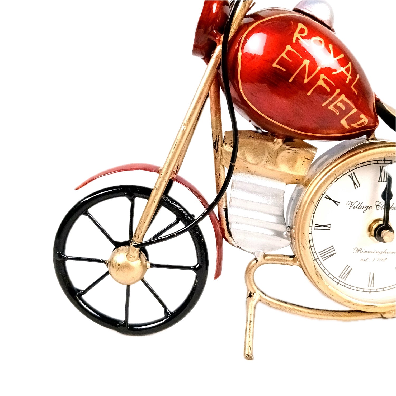Bike Showpiece With Table Clock | Vintage Motor Cycle Bike Miniature With Desk Watch - for Home, Living Room, Desk, Office Decor & Gifts - 12 Inch - Apkamart