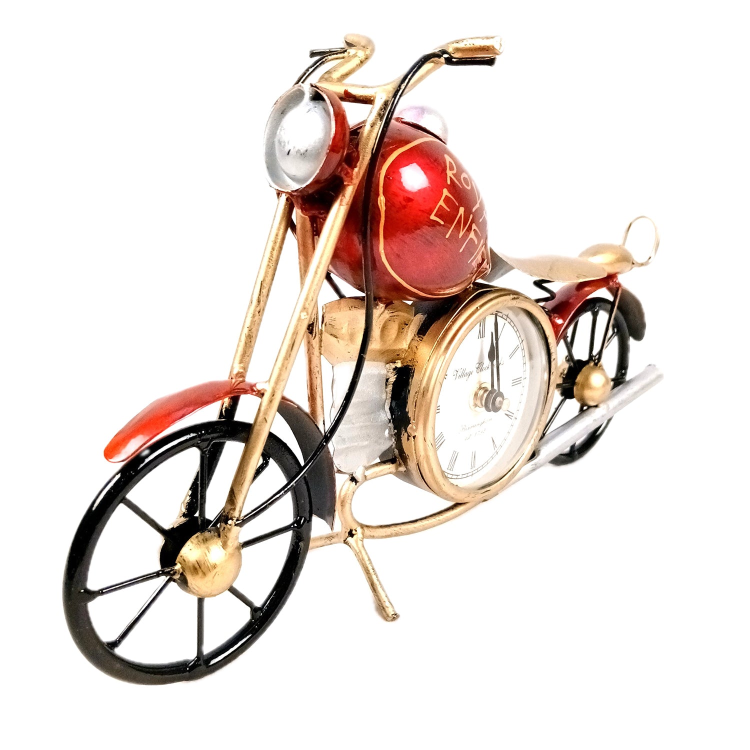 Bike Showpiece With Table Clock | Vintage Motor Cycle Bike Miniature With Desk Watch - for Home, Living Room, Desk, Office Decor & Gifts - 12 Inch - Apkamart