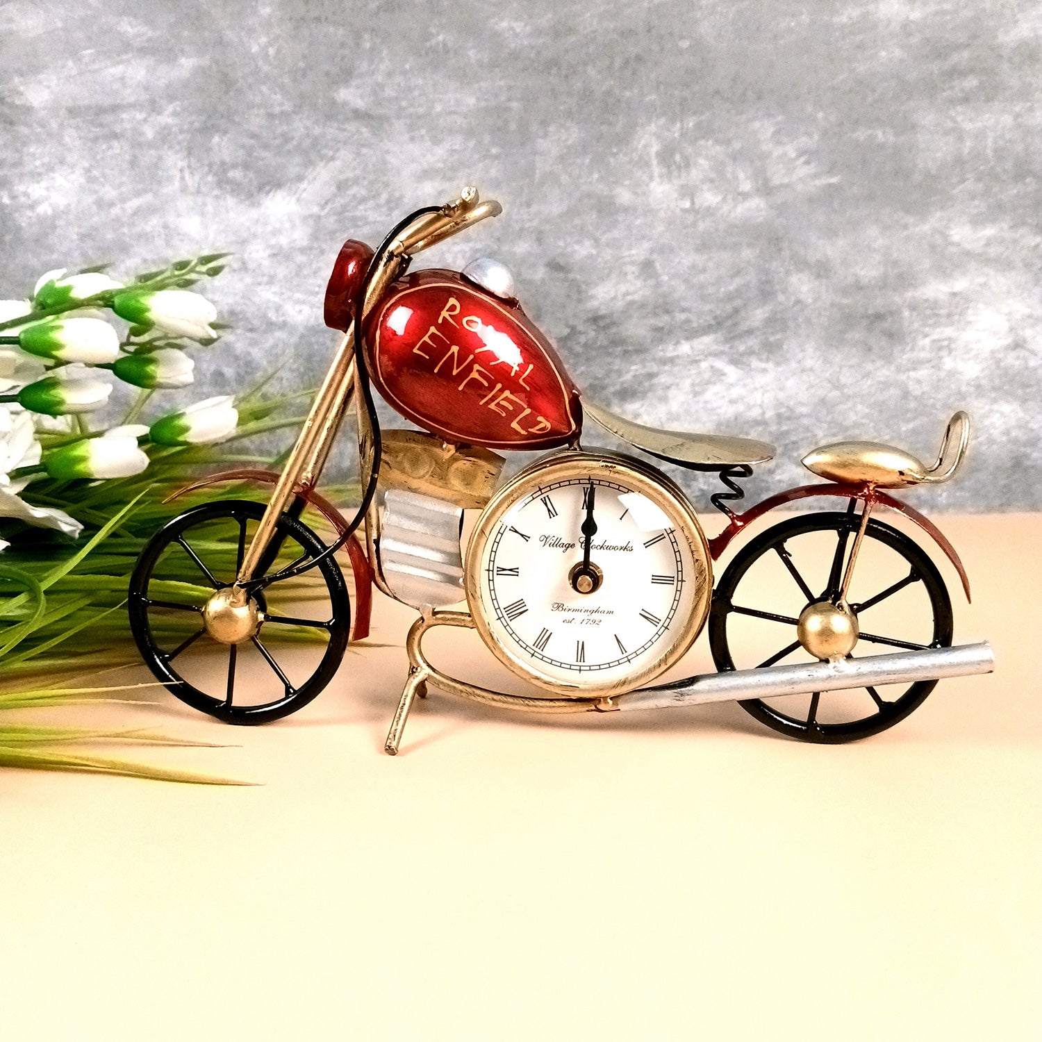 Bike Showpiece With Table Clock | Vintage Motor Cycle Bike Miniature With Desk Watch - for Home, Living Room, Desk, Office Decor & Gifts - 12 Inch - Apkamart