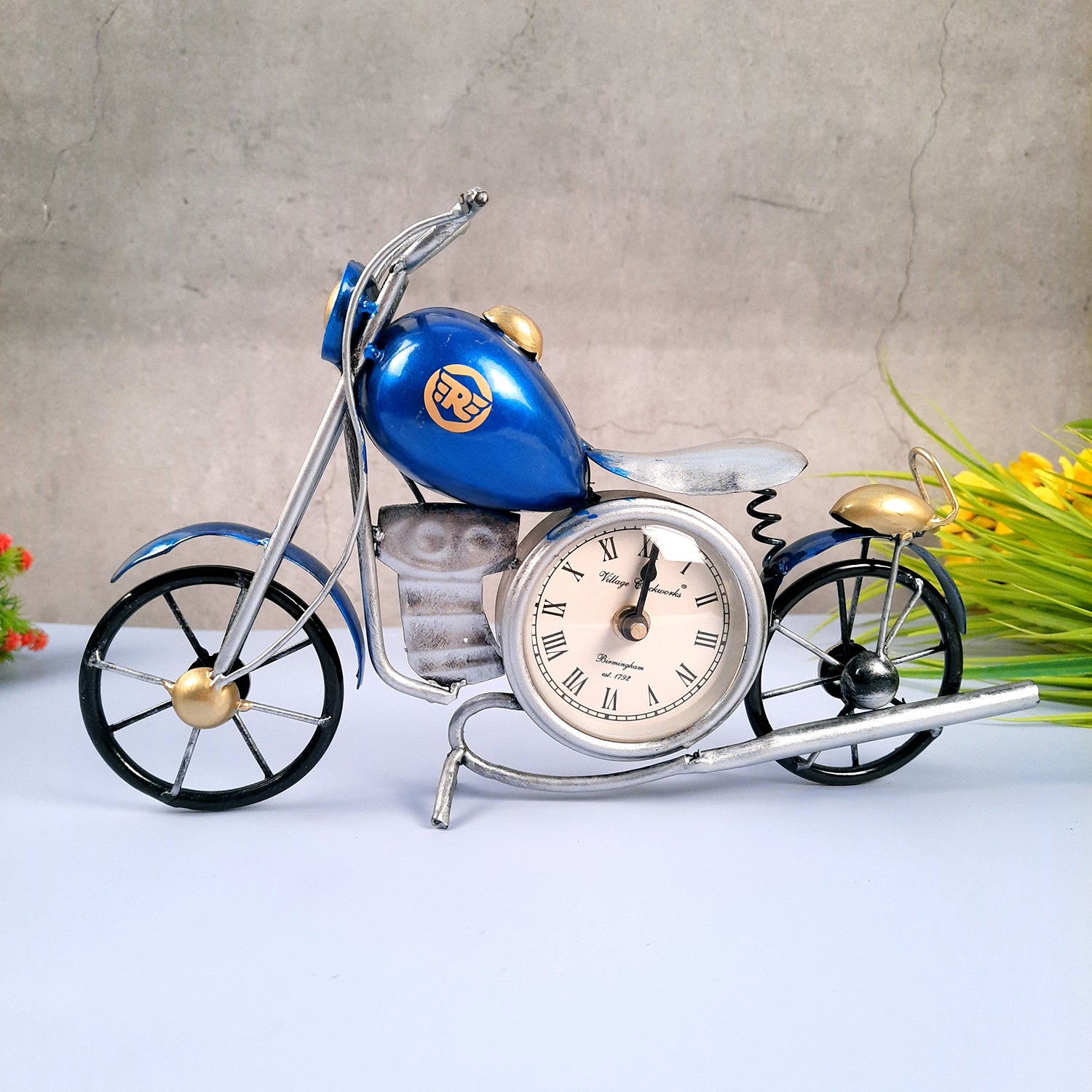 Table Clock Cum Bike Showpiece | Desk Clock | Watch For Shelf & Office tables - For Home, Living Room, Study Table, Desk, Office Decor & Gifts - 12 Inch - apkamart #Color_Blue