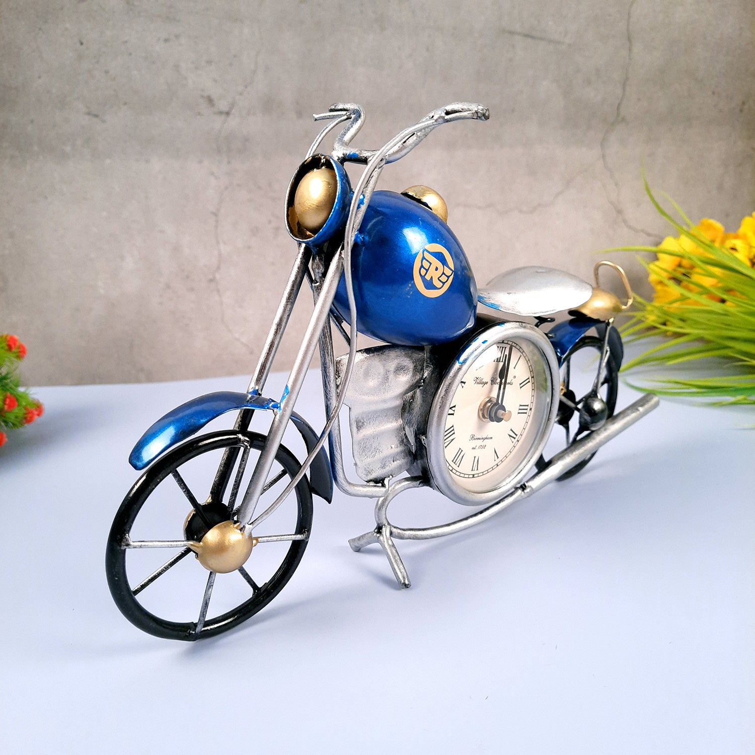 Table Clock Cum Bike Showpiece | Desk Clock | Watch For Shelf & Office tables - For Home, Living Room, Study Table, Desk, Office Decor & Gifts - 12 Inch - apkamart #Color_Blue