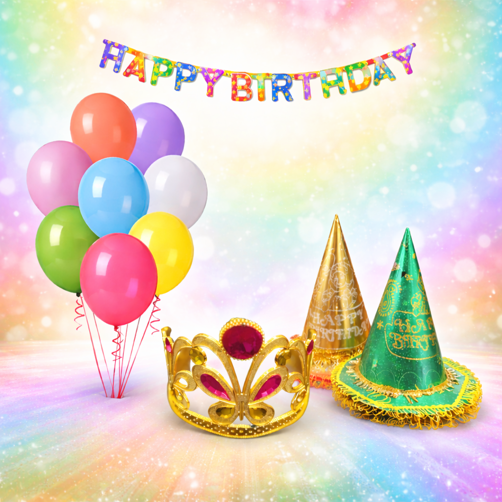 Birthday Combo Decoration Pack for Party | 10 Caps, 2 Packets Ballons, 1 Banner, 1 Crown | Birthday Decoration Combo Pack with Complete Birthday Supplies Combo - Apkamart