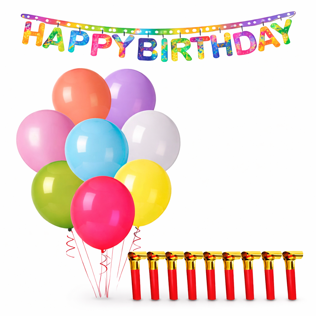 Complete Birthday Combo Decoration Set | 2 Packets Ballons, 1 Banner, 10 Party Horns | Birthday Decoration Combo Pack with Party Supplies for Celebration - Apkamart
