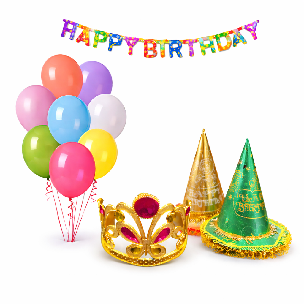 Birthday Combo Decoration Pack for Party | 10 Caps, 2 Packets Ballons, 1 Banner, 1 Crown | Birthday Decoration Combo Pack with Complete Birthday Supplies Combo - Apkamart