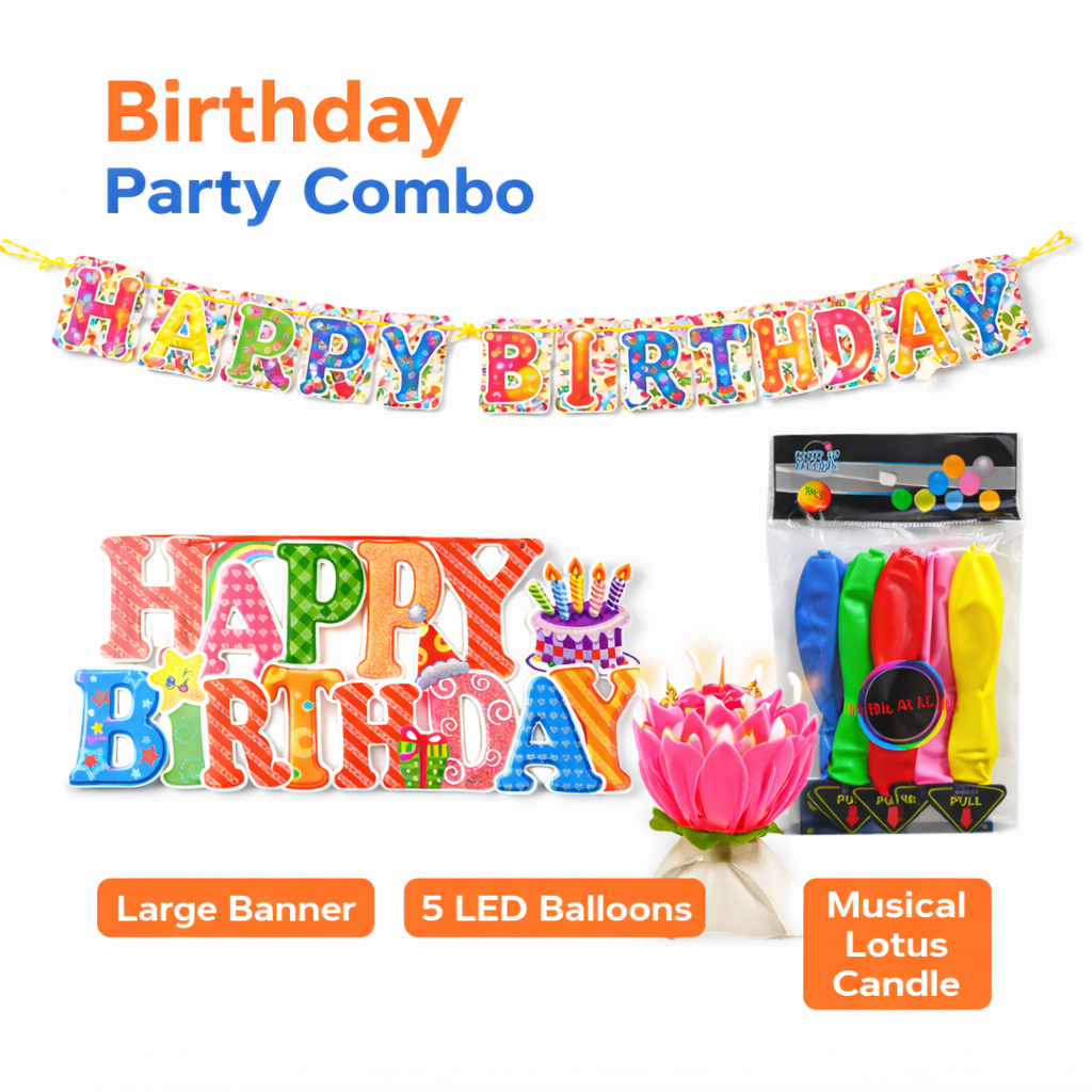 Birthday Decoration Combo Pack for Home Party | 1 Birthday Banner, 1 Candle, 1 Packet Bollon | All in One Birthday Combo with Premium Birthday Supplies - Apkamart