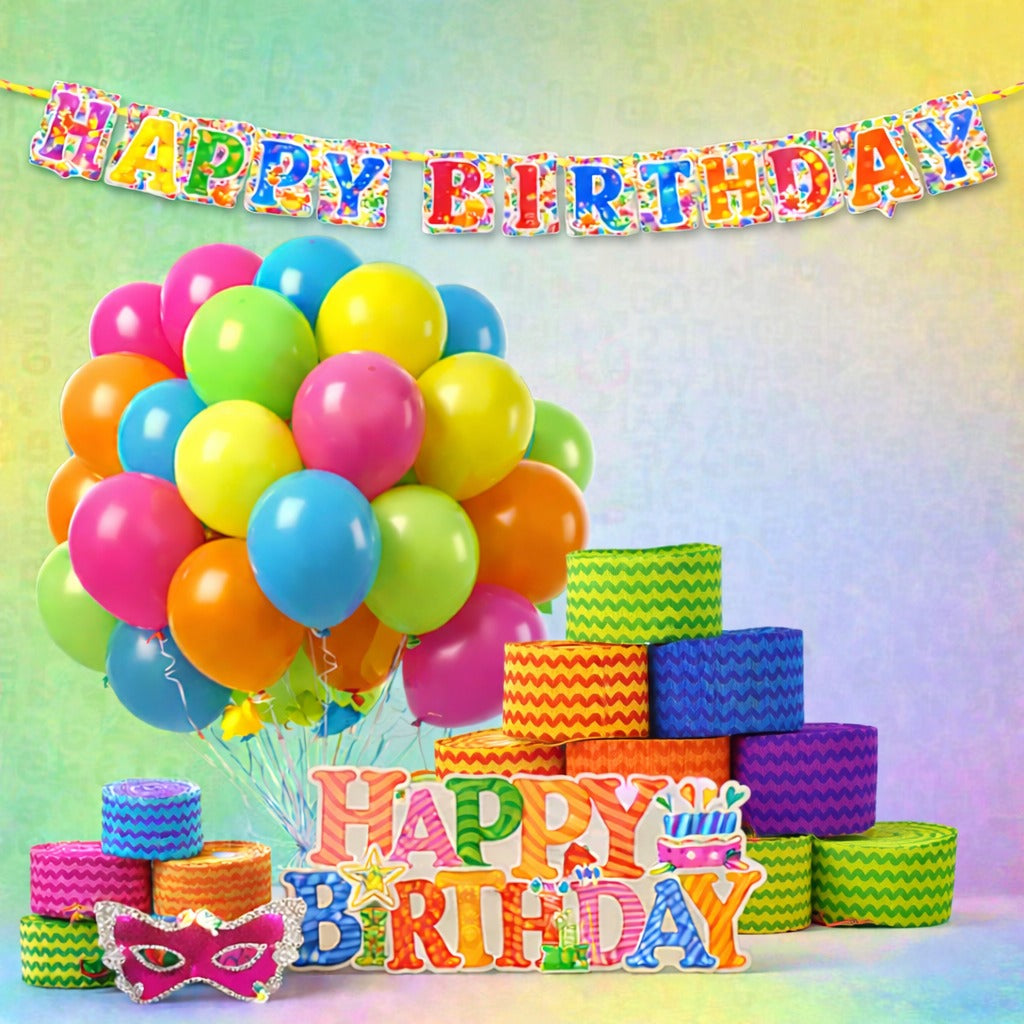 Birthday Combo for Celebration| 2 Packets Party Friles, 2 Packets Ballons, 1 Birthday Banner, 1 Packet Mask | Birthday Decoration Combo Pack with Matching Party Supplies - Apakmart