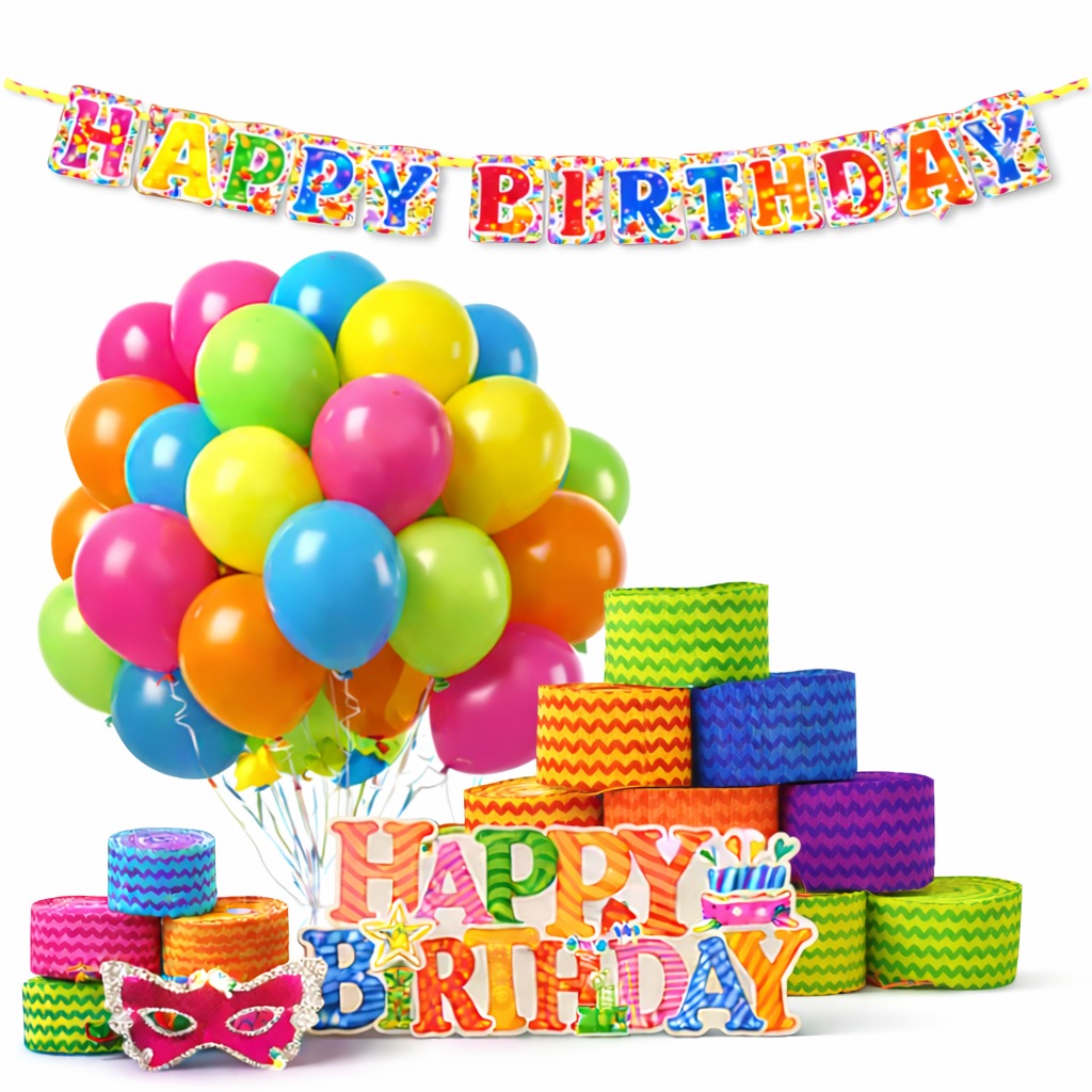 Birthday Combo for Celebration| 2 Packets Party Friles, 2 Packets Ballons, 1 Birthday Banner, 1 Packet Mask | Birthday Decoration Combo Pack with Matching Party Supplies - Apakmart