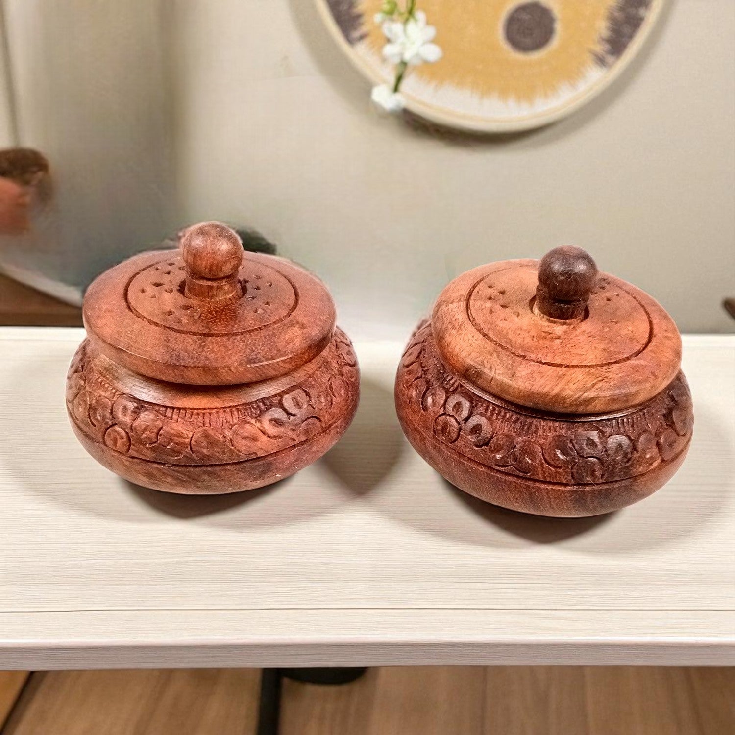 Wooden Box Small With Lid | Kumkum Box Sindoor Dani | Multipurpose Mini Wooden Box for Salt - For Home, Dining Table, Kitchen & Pooja Decor - 3 Inch - Apkamart #Style_Pack Of 2