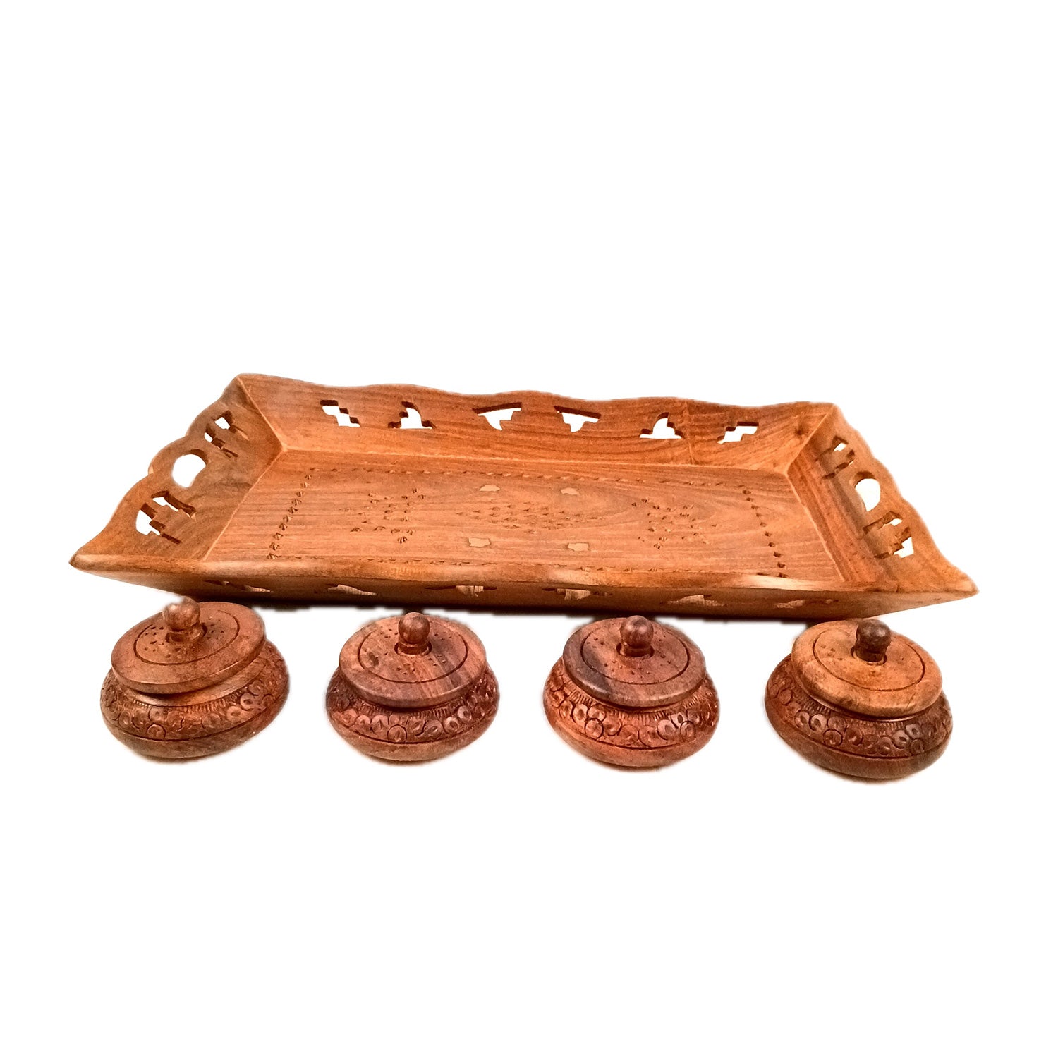 Serving Tray Wooden With Boxes & Lid | Multipurpose Decorative Tray & Organizer - For Home, Dining Table, Kitchen , Organization & Gifts | Wedding & Housewarming Gift - 1 Tray & 4 Boxes Combo Set - Apkamart