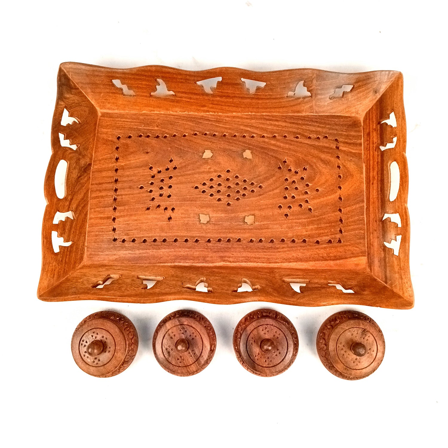 Serving Tray Wooden With Boxes & Lid | Multipurpose Decorative Tray & Organizer - For Home, Dining Table, Kitchen , Organization & Gifts | Wedding & Housewarming Gift - 1 Tray & 4 Boxes Combo Set - Apkamart