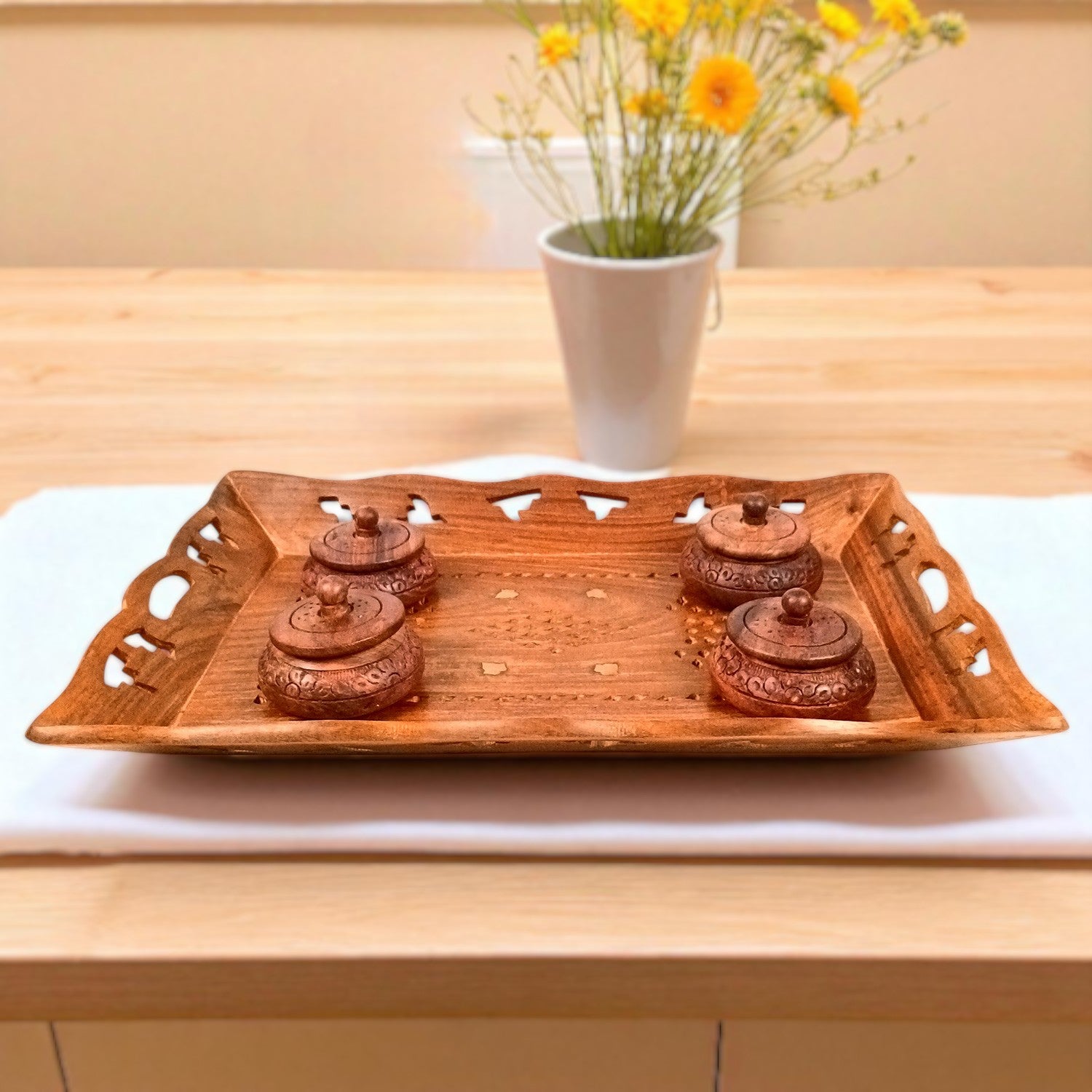 Serving Tray Wooden With Boxes & Lid | Multipurpose Decorative Tray & Organizer - For Home, Dining Table, Kitchen , Organization & Gifts | Wedding & Housewarming Gift - 1 Tray & 4 Boxes Combo Set - Apkamart