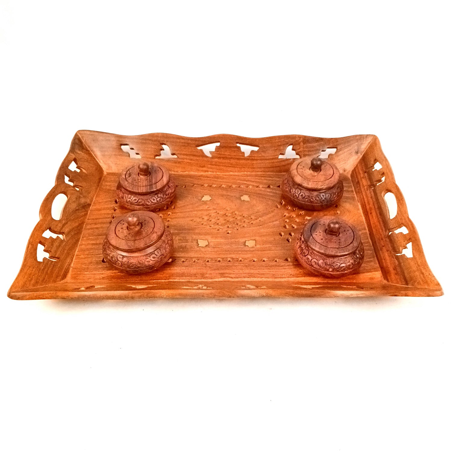 Serving Tray Wooden With Boxes & Lid | Multipurpose Decorative Tray & Organizer - For Home, Dining Table, Kitchen , Organization & Gifts | Wedding & Housewarming Gift - 1 Tray & 4 Boxes Combo Set - Apkamart