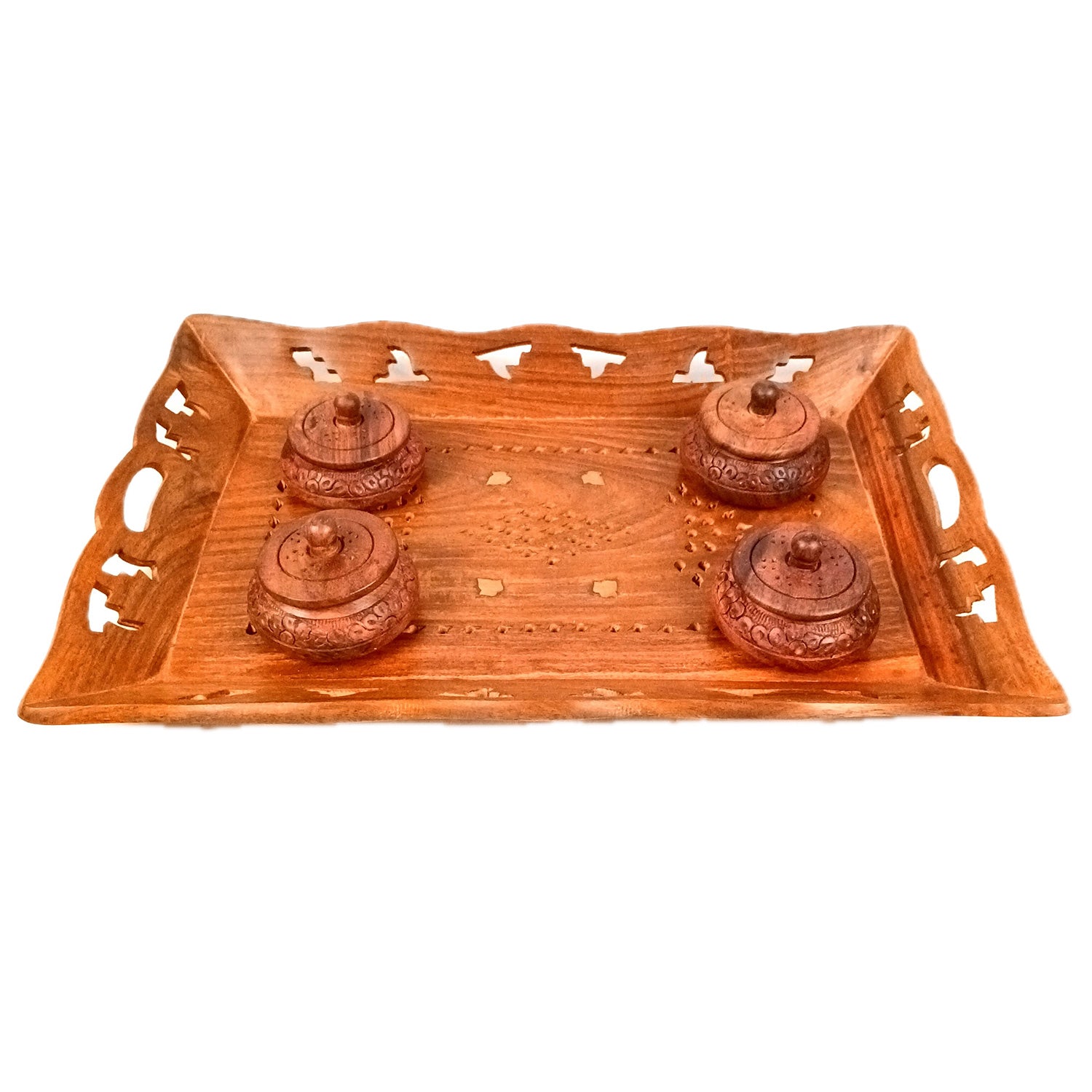 Serving Tray Wooden With Boxes & Lid | Multipurpose Decorative Tray & Organizer - For Home, Dining Table, Kitchen , Organization & Gifts | Wedding & Housewarming Gift - 1 Tray & 4 Boxes Combo Set - Apkamart