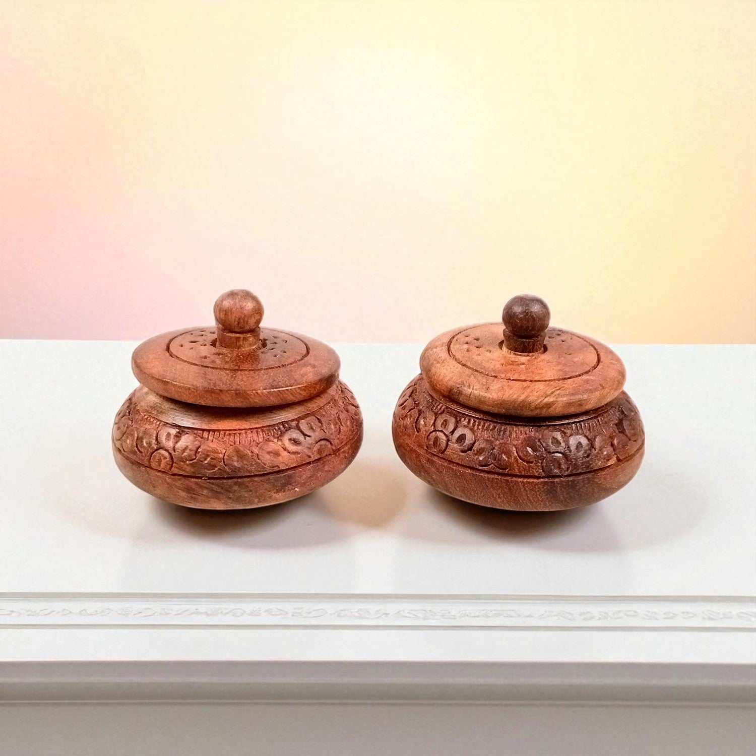 Wooden Box Small With Lid | Kumkum Box Sindoor Dani | Multipurpose Mini Wooden Box for Salt - For Home, Dining Table, Kitchen & Pooja Decor - 3 Inch - Apkamart #Style_Pack Of 2
