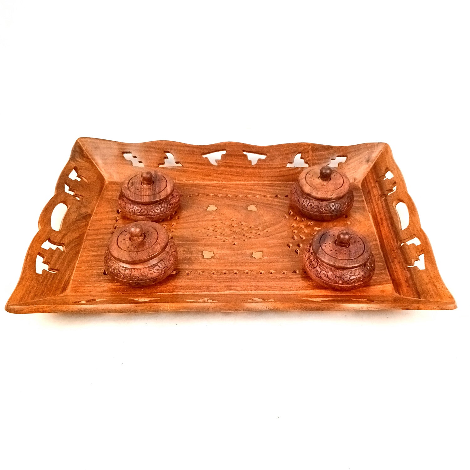Serving Tray Wooden With Boxes & Lid | Multipurpose Decorative Tray & Organizer - For Home, Dining Table, Kitchen , Organization & Gifts | Wedding & Housewarming Gift - 1 Tray & 4 Boxes Combo Set - Apkamart