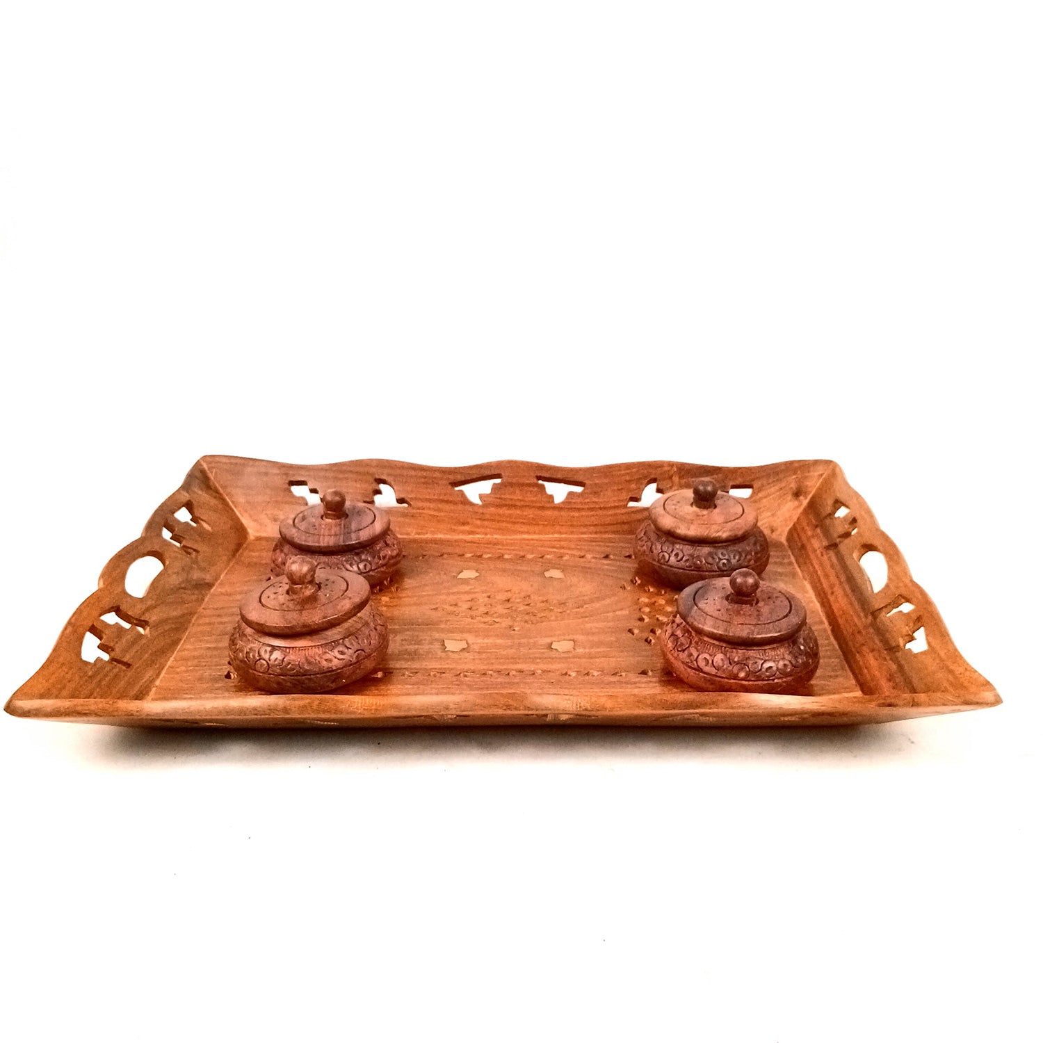 Serving Tray Wooden With Boxes & Lid | Multipurpose Decorative Tray & Organizer - For Home, Dining Table, Kitchen , Organization & Gifts | Wedding & Housewarming Gift - 1 Tray & 4 Boxes Combo Set - Apkamart
