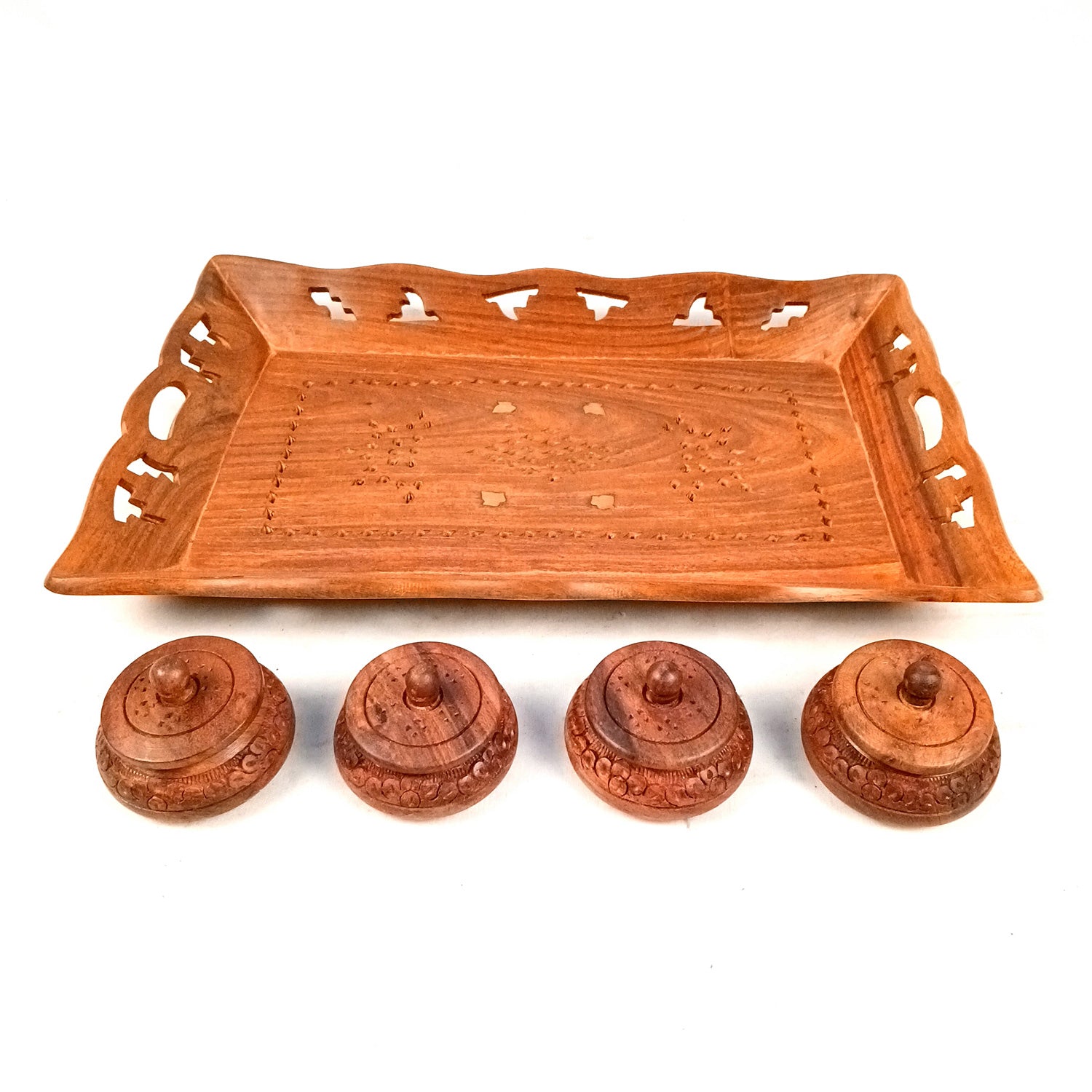 Serving Tray Wooden With Boxes & Lid | Multipurpose Decorative Tray & Organizer - For Home, Dining Table, Kitchen , Organization & Gifts | Wedding & Housewarming Gift - 1 Tray & 4 Boxes Combo Set - Apkamart